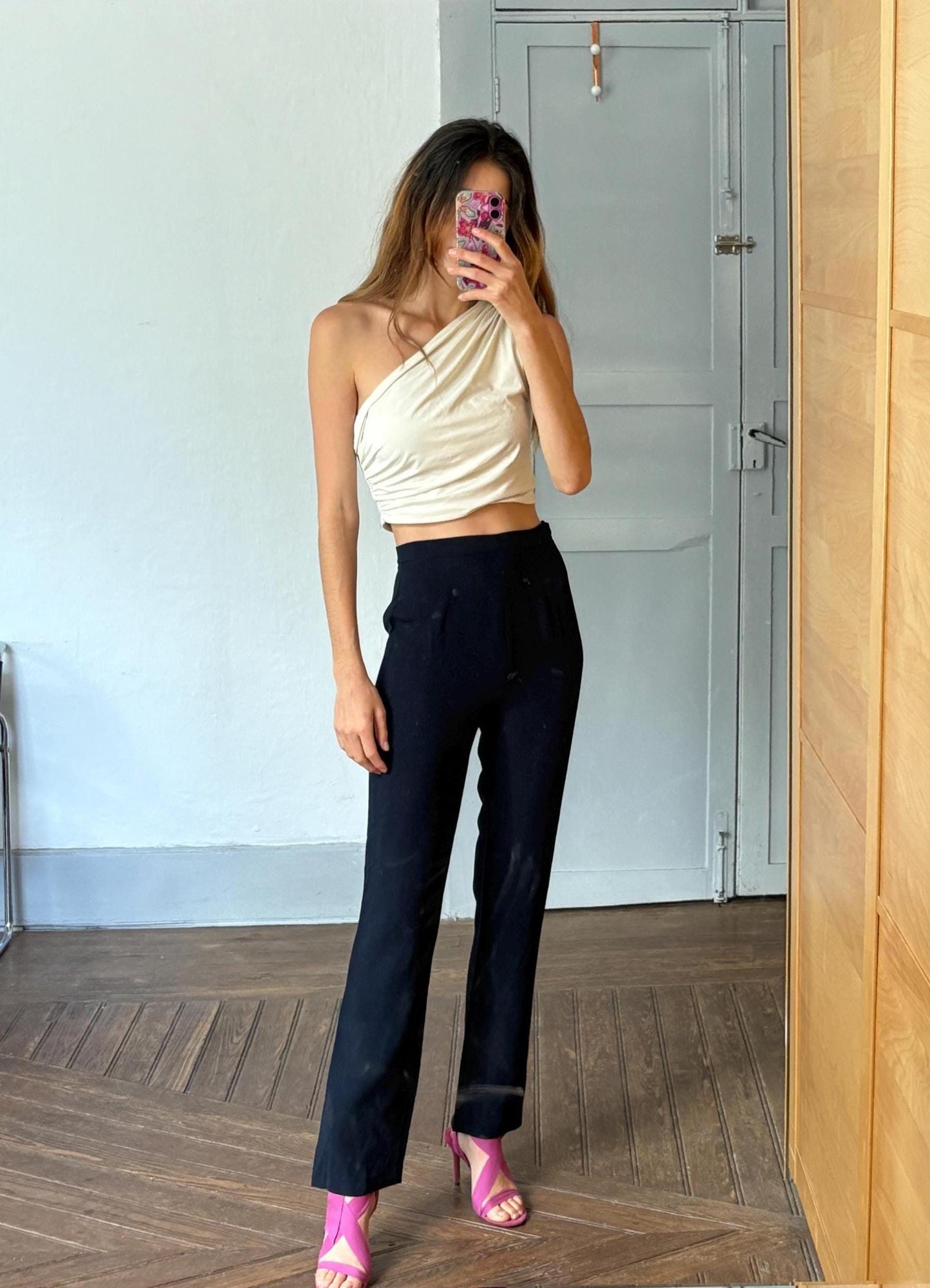Vintage Mariella Rosato black trousers, sleek high-waisted pants, Italian vintage minimalism, elegant straight leg, soft stretch fabric