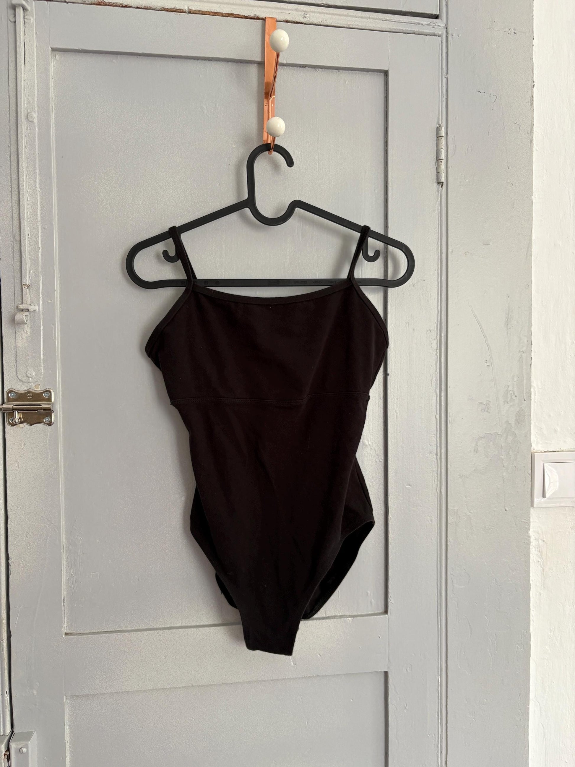 Vintage Black open back bodysuit, minimal spaghetti strap, scoop neckline, 90s balletcore style, size M, stretchy and sleek, sexy bodysuit