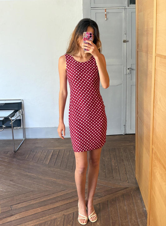 vintage Red polka dot mini dress, sleeveless shift, retro summer dress, 90s pin-up style, size S-M, stretchy and comfy fit