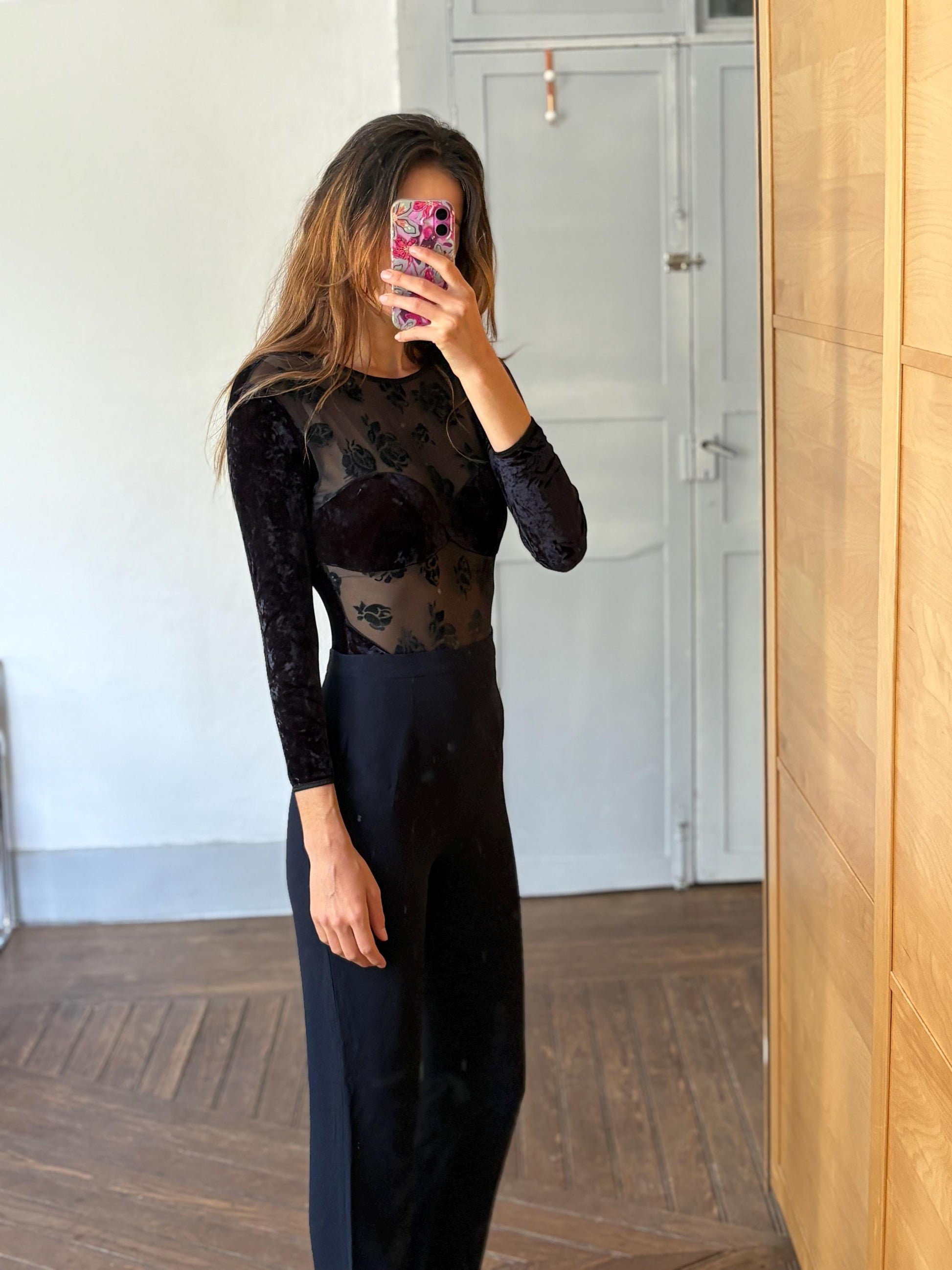 Vintage sheer velvet bodysuit, floral mesh see-through, long sleeve, black Made in Italy, sexy fitted body, size S, elegant ocassion