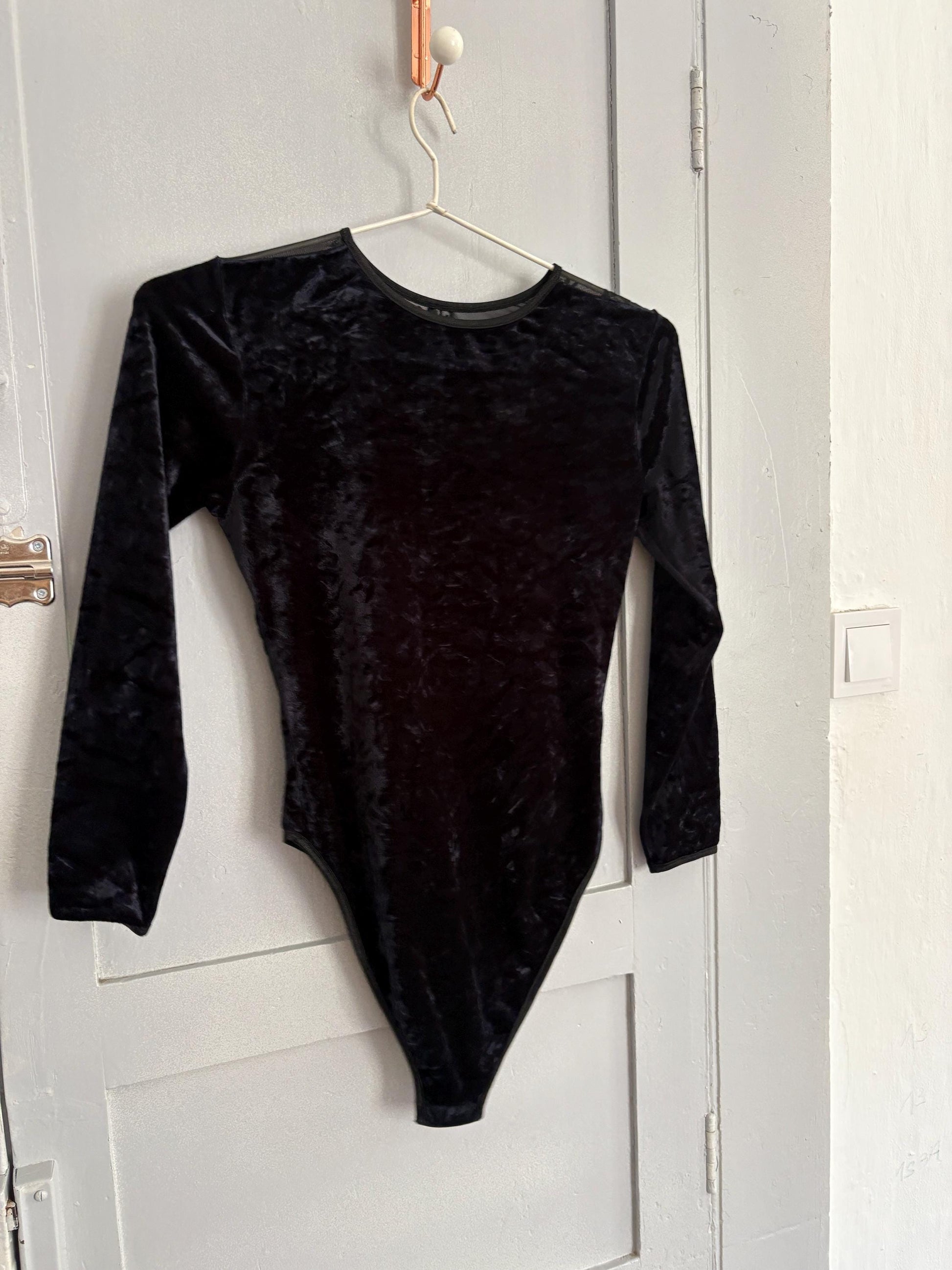 Vintage sheer velvet bodysuit, floral mesh see-through, long sleeve, black Made in Italy, sexy fitted body, size S, elegant ocassion