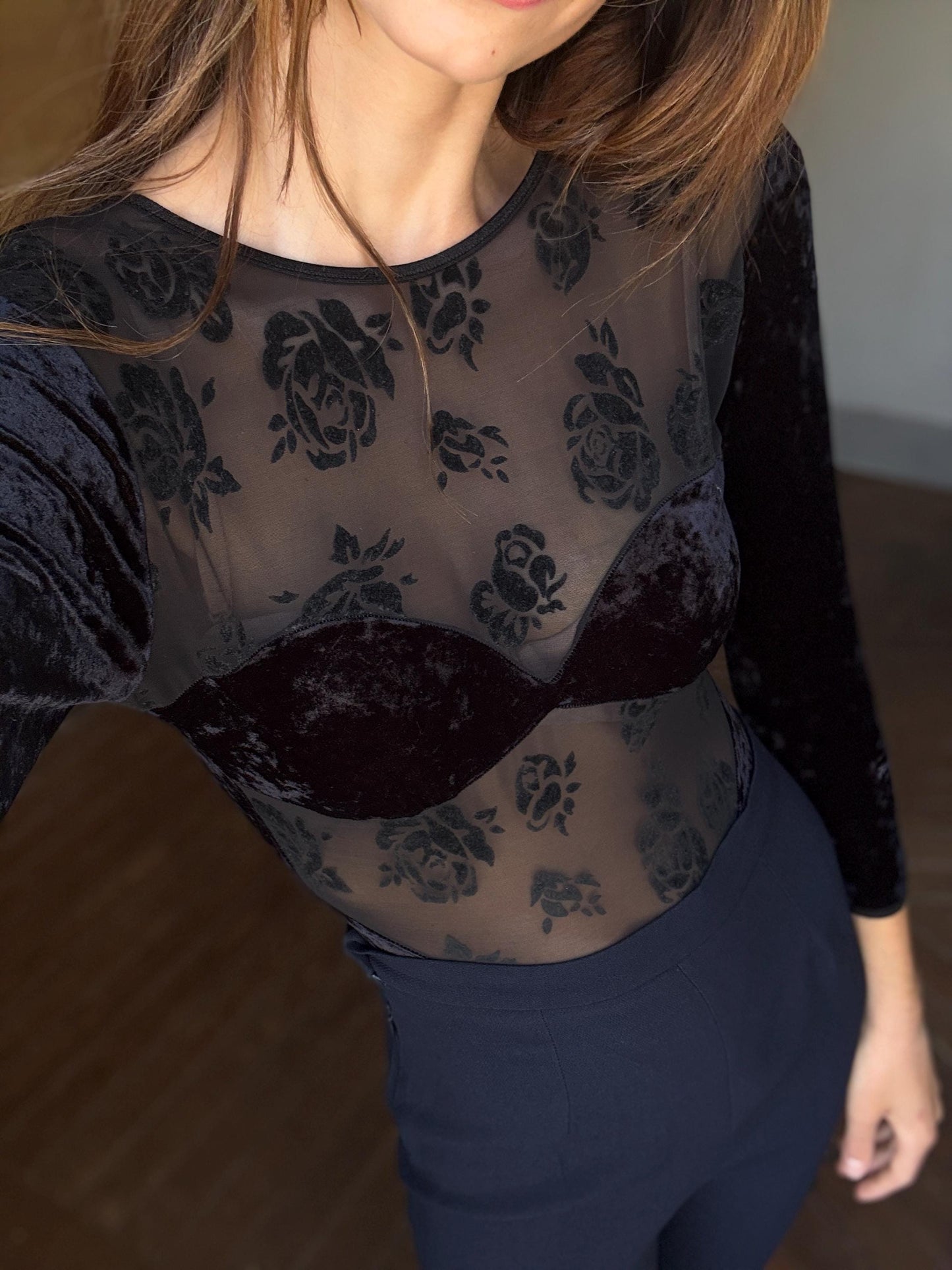 Vintage sheer velvet bodysuit, floral mesh see-through, long sleeve, black Made in Italy, sexy fitted body, size S, elegant ocassion