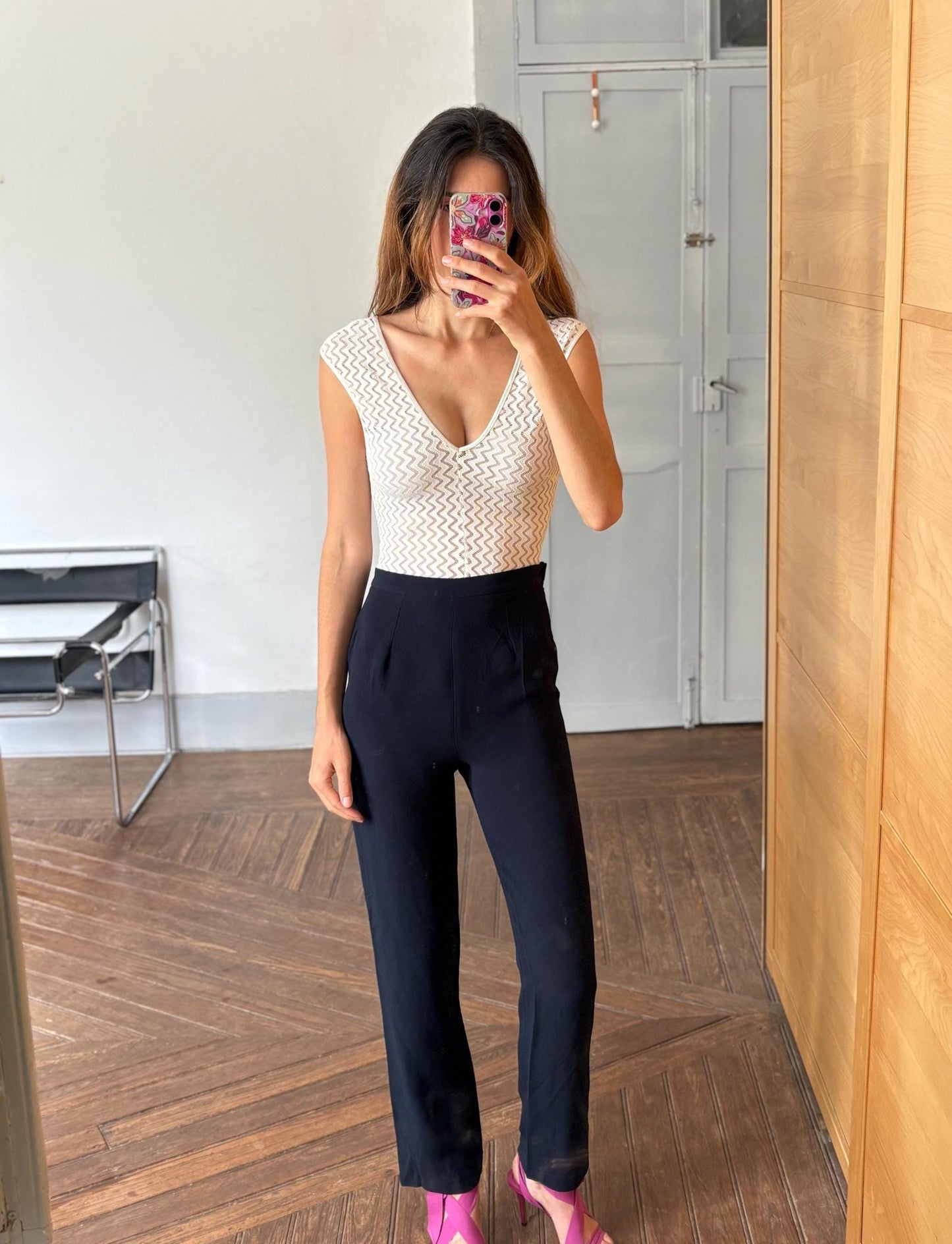 Vintage white sheer bodysuit, zigzag mesh, deep V neckline, sleeveless, sexy fitted look, used lingerie, size XS/S