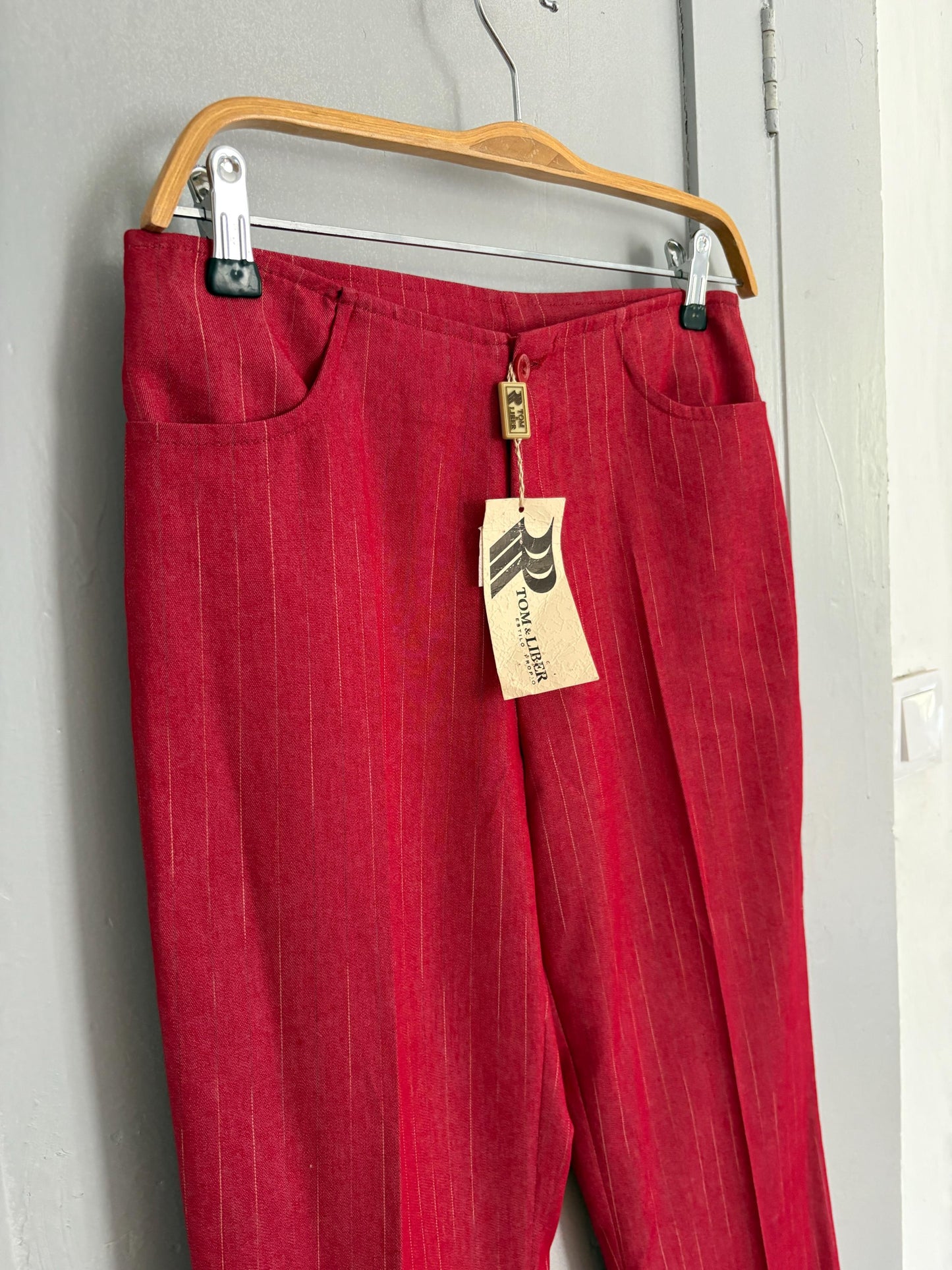 Vintage pinstripe pants, Unique statement clothing, Retro luxury red trousers, Elegant 2000s style high waist flared fit pants, Size M