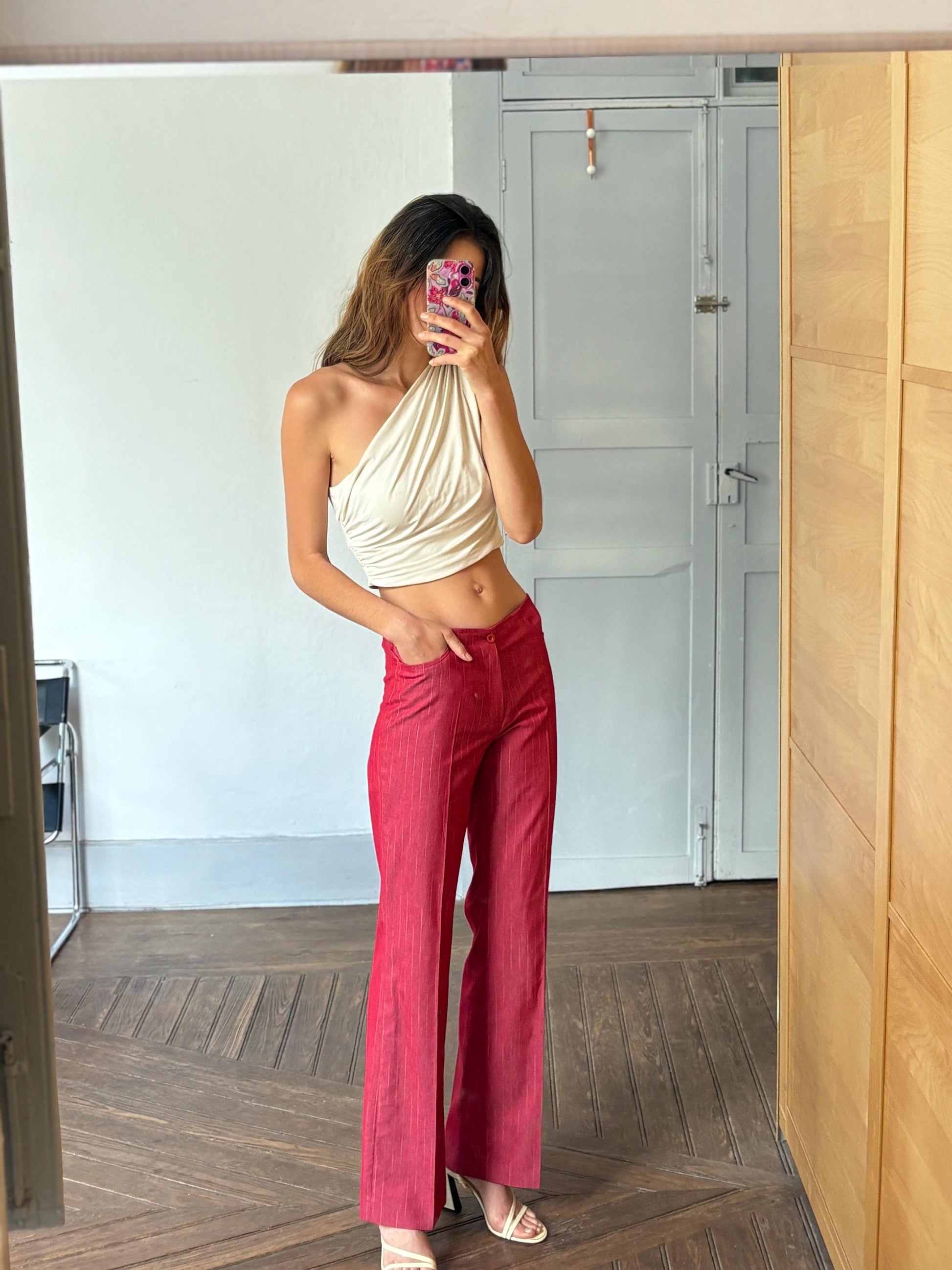 Vintage pinstripe pants, Unique statement clothing, Retro luxury red trousers, Elegant 2000s style high waist flared fit pants, Size M