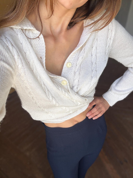 Romantic Cottage core vest, Off white Secondhand crop top bolero in soft knit cream twist front layering piece cardigan, Size S