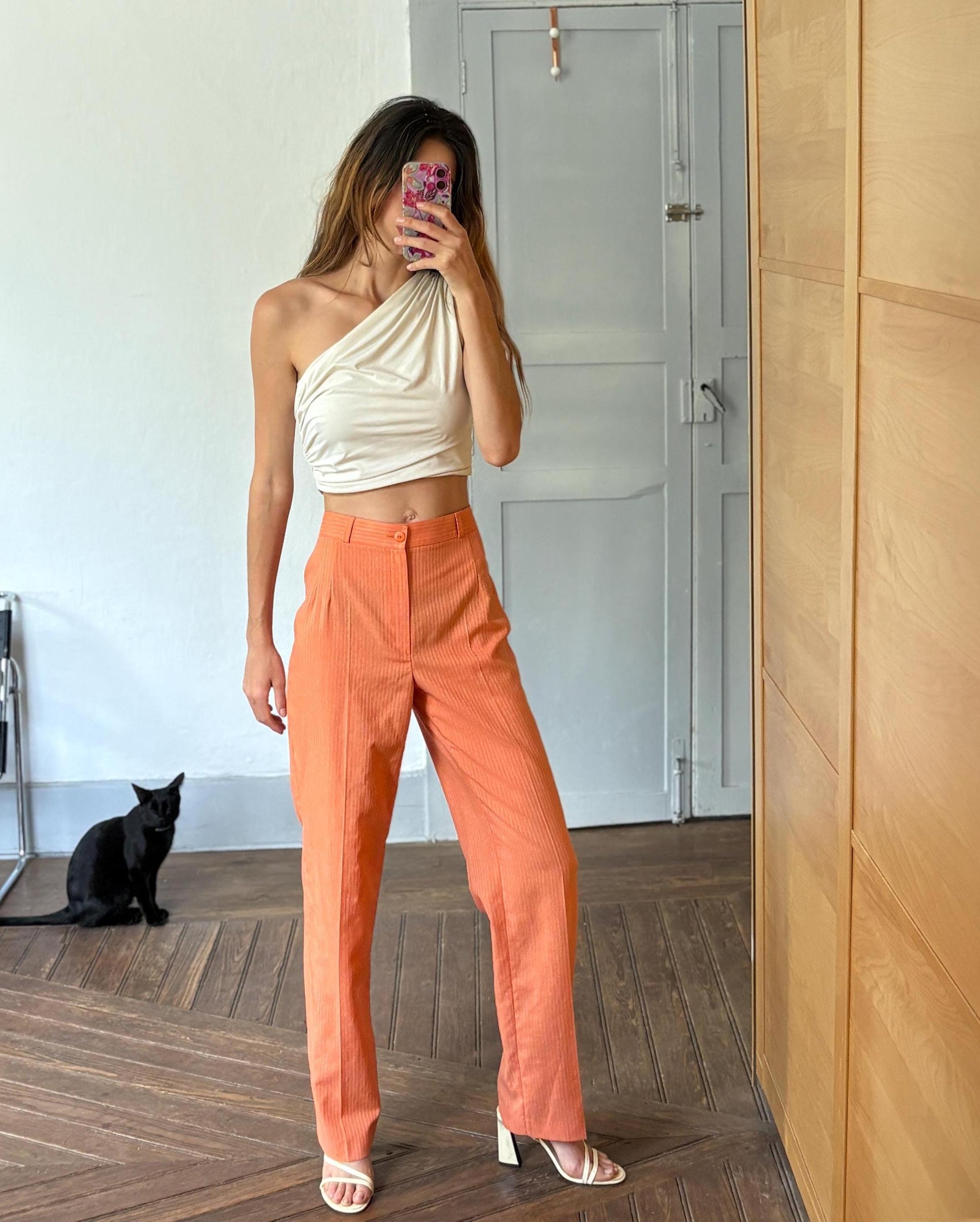vintage orange pants, Bold pinstripe trousers, Wool blend spring outfit, Luxe statement trousers, Colourful vibrant retro pants
