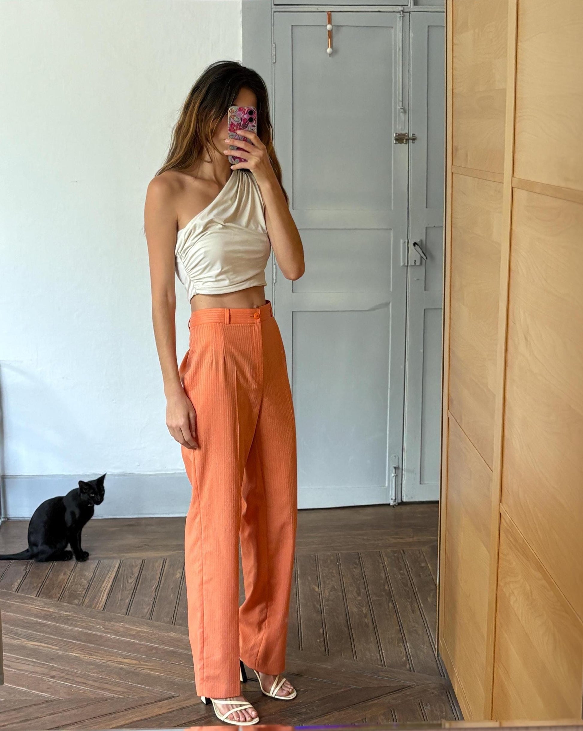 vintage orange pants, Bold pinstripe trousers, Wool blend spring outfit, Luxe statement trousers, Colourful vibrant retro pants