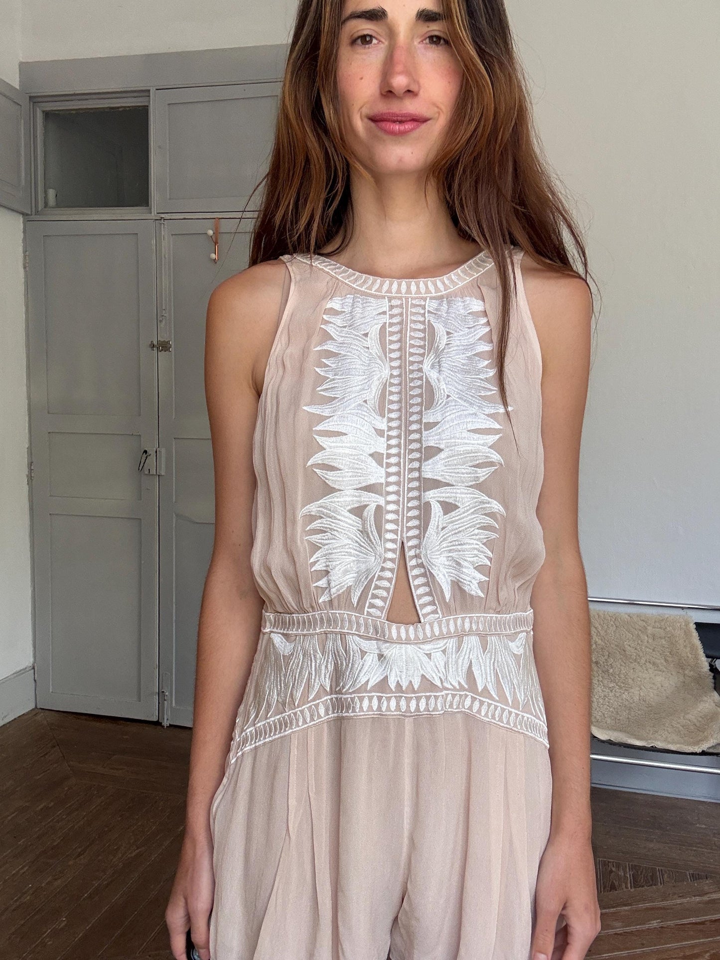 Nude embroidered romper – breezy sleeveless playsuit with open back, size L, floaty & flattering fit, boho summer one-piece