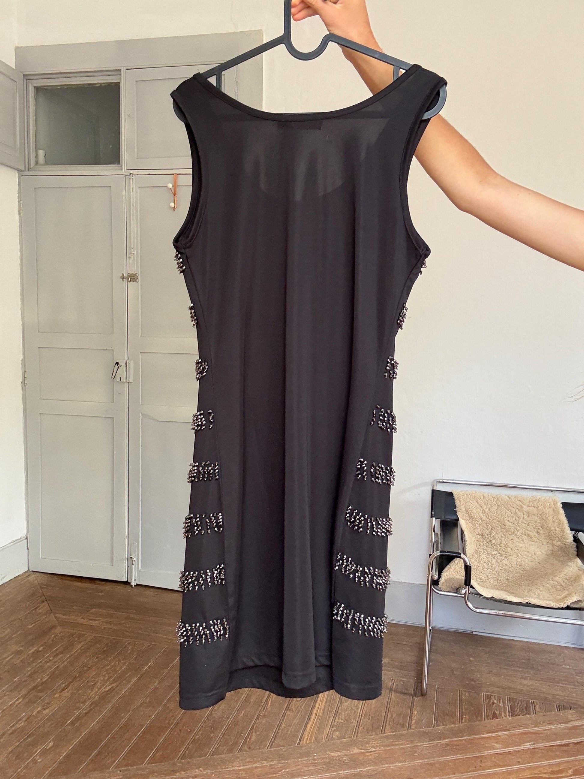 AVintage black beaded mini dress – sleeveless sparkle party dress, stretchy & comfy, size L, 90s Y2K glam cocktail look