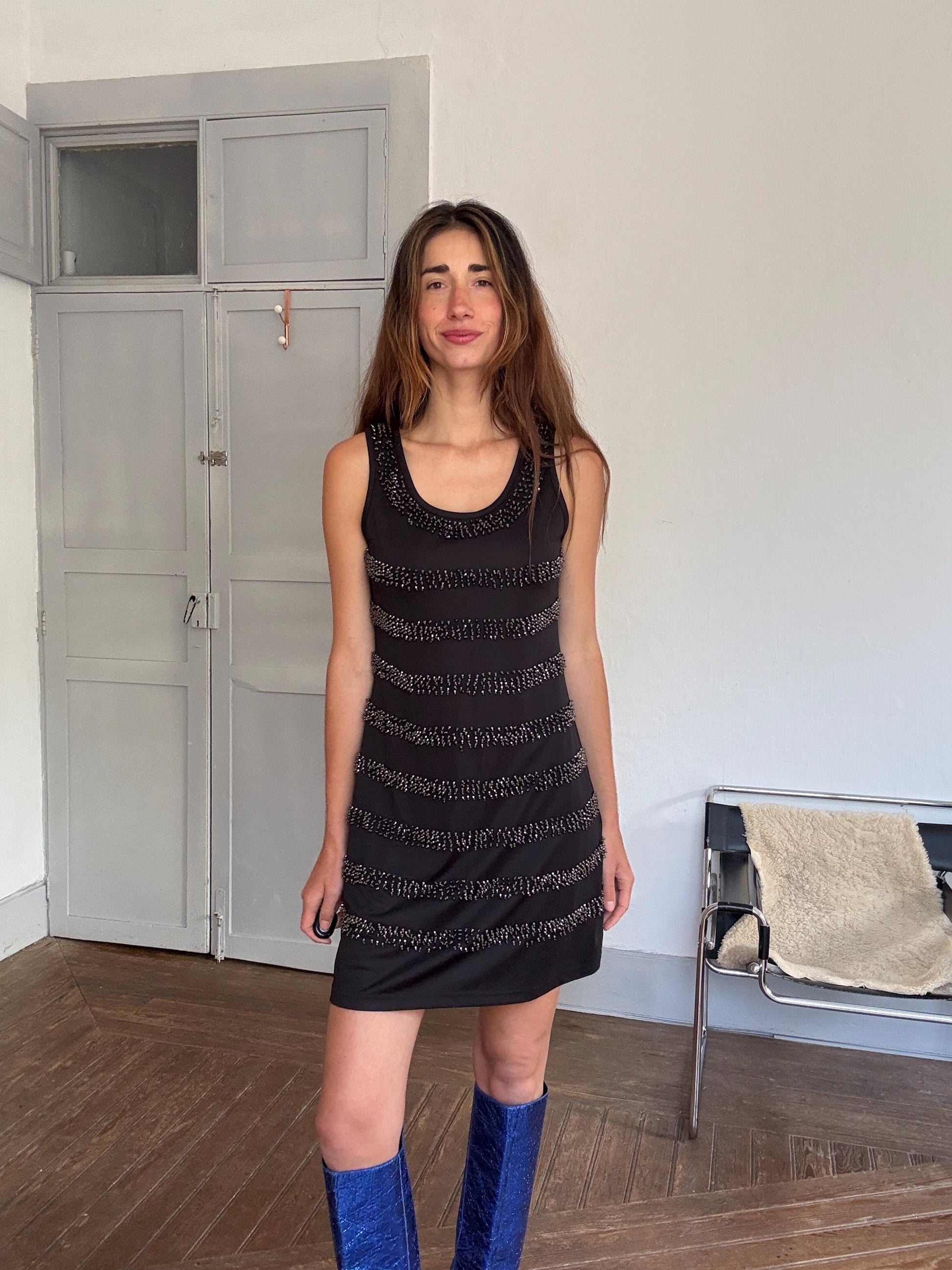 AVintage black beaded mini dress – sleeveless sparkle party dress, stretchy & comfy, size L, 90s Y2K glam cocktail look