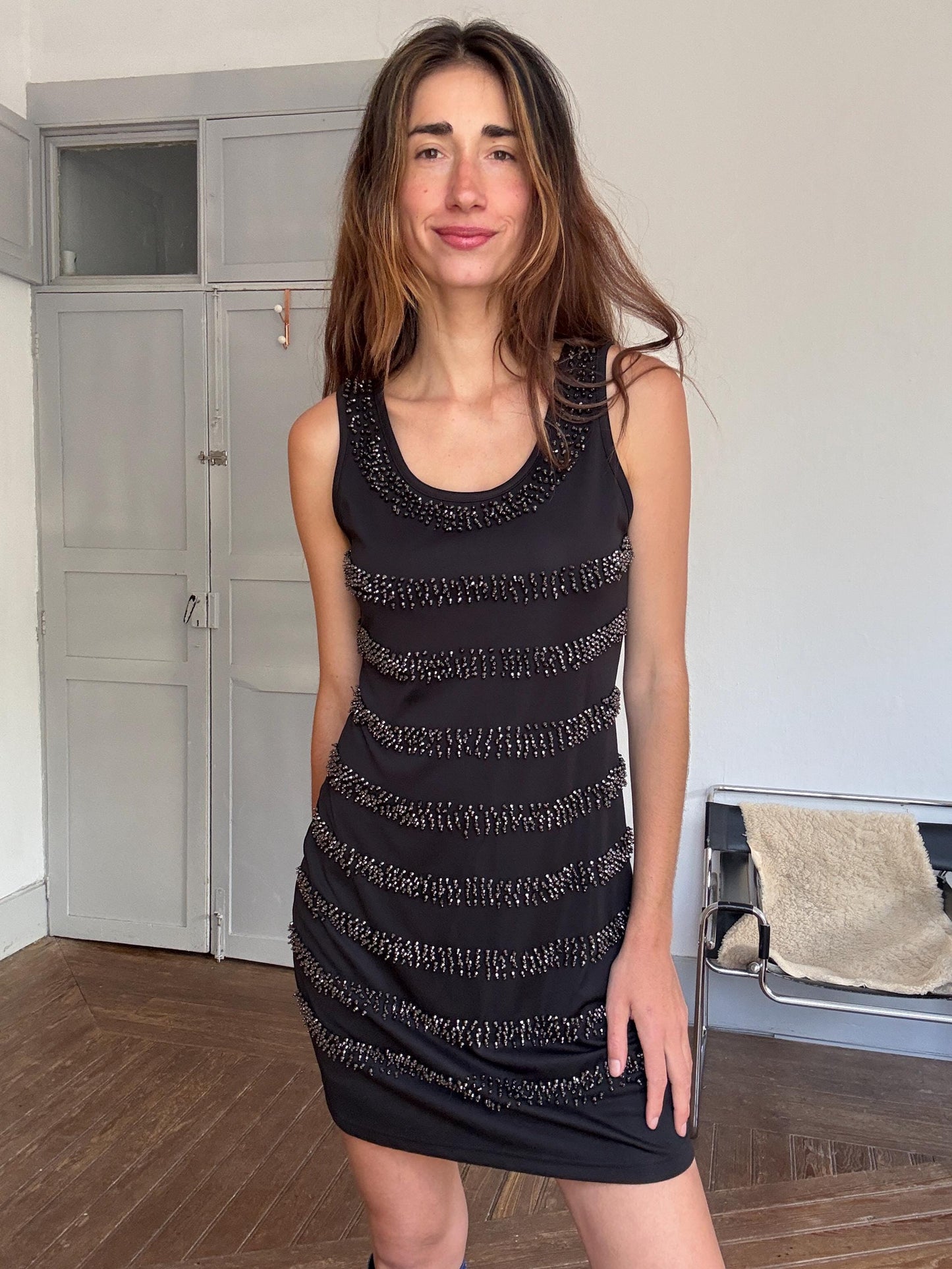 AVintage black beaded mini dress – sleeveless sparkle party dress, stretchy & comfy, size L, 90s Y2K glam cocktail look