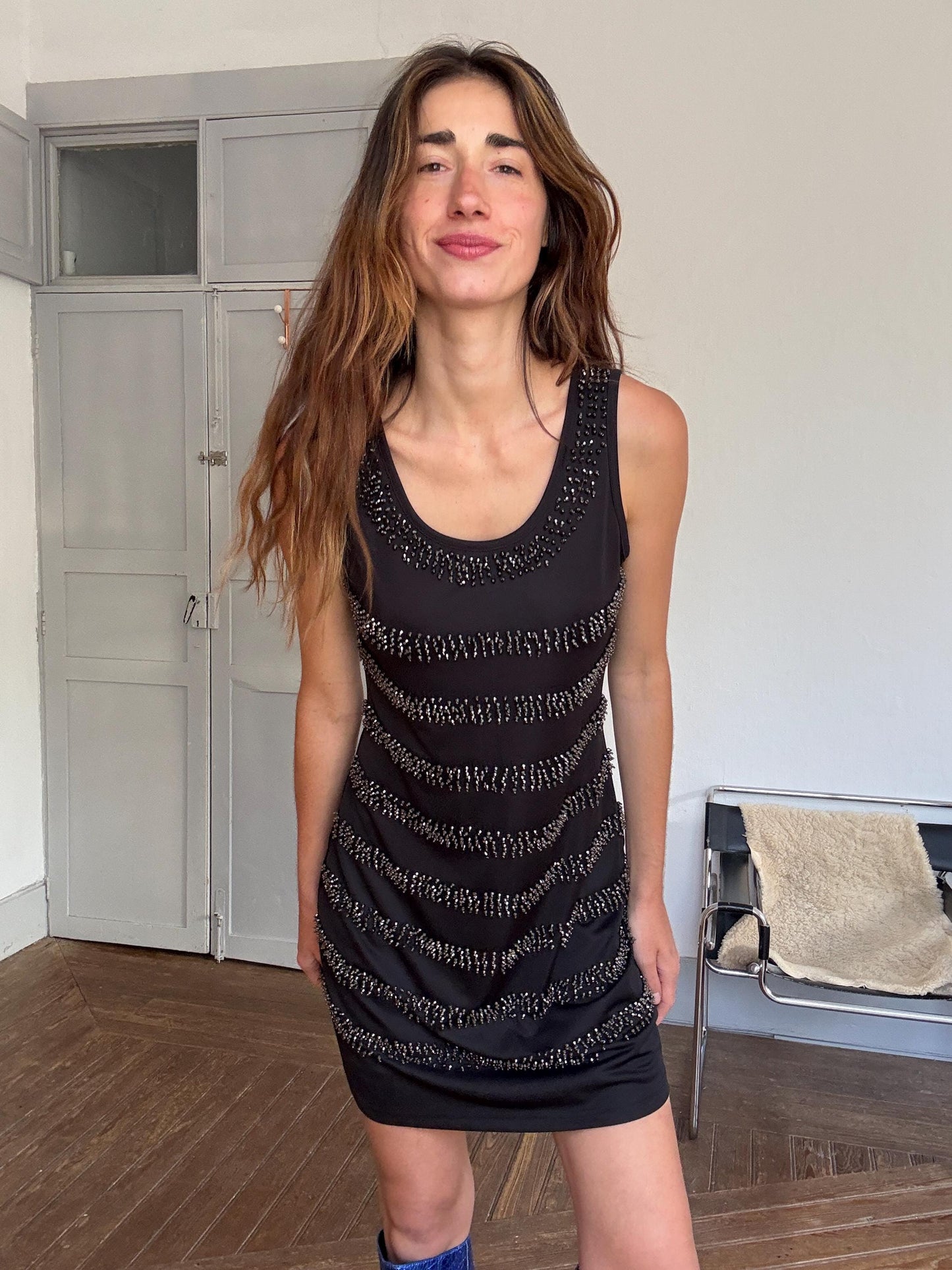 AVintage black beaded mini dress – sleeveless sparkle party dress, stretchy & comfy, size L, 90s Y2K glam cocktail look