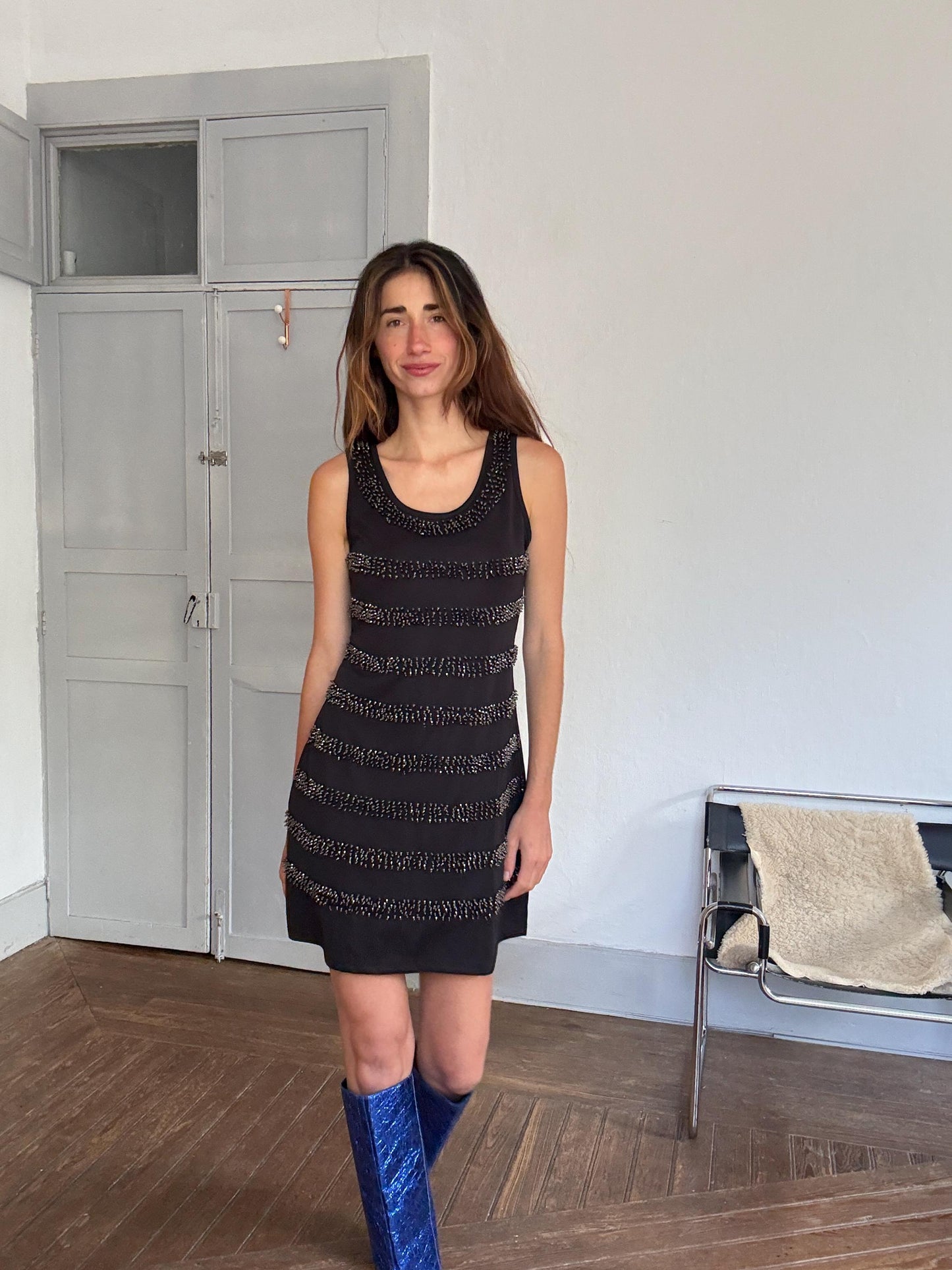 AVintage black beaded mini dress – sleeveless sparkle party dress, stretchy & comfy, size L, 90s Y2K glam cocktail look