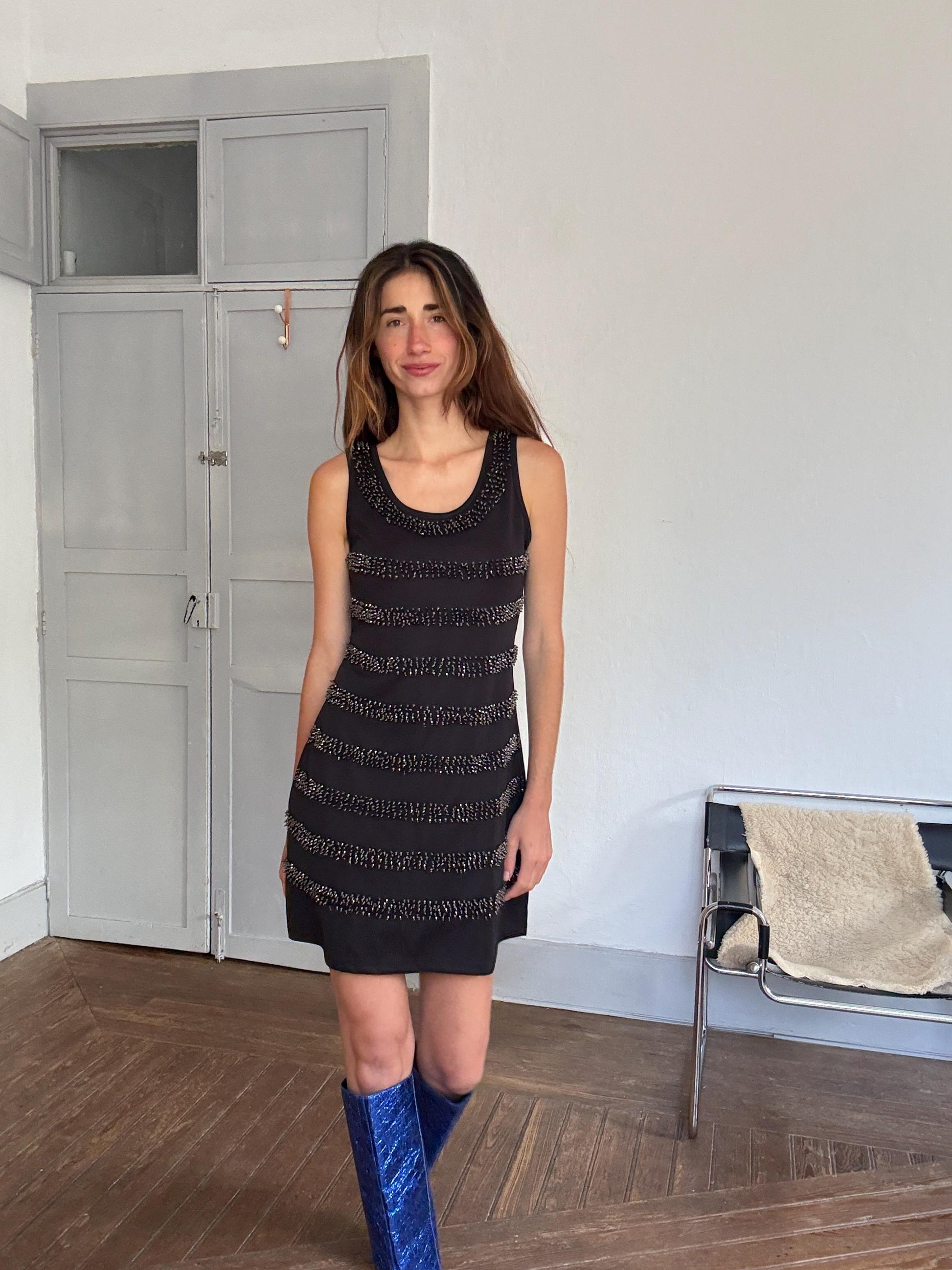 AVintage black beaded mini dress – sleeveless sparkle party dress, stretchy & comfy, size L, 90s Y2K glam cocktail look