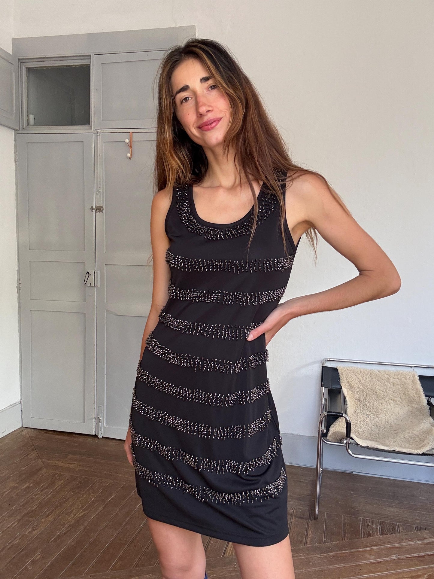 AVintage black beaded mini dress – sleeveless sparkle party dress, stretchy & comfy, size L, 90s Y2K glam cocktail look