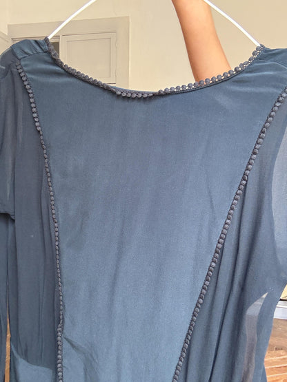 Vintage Navy Silk Mini Dress With Sheer Sleeves — additional view 9