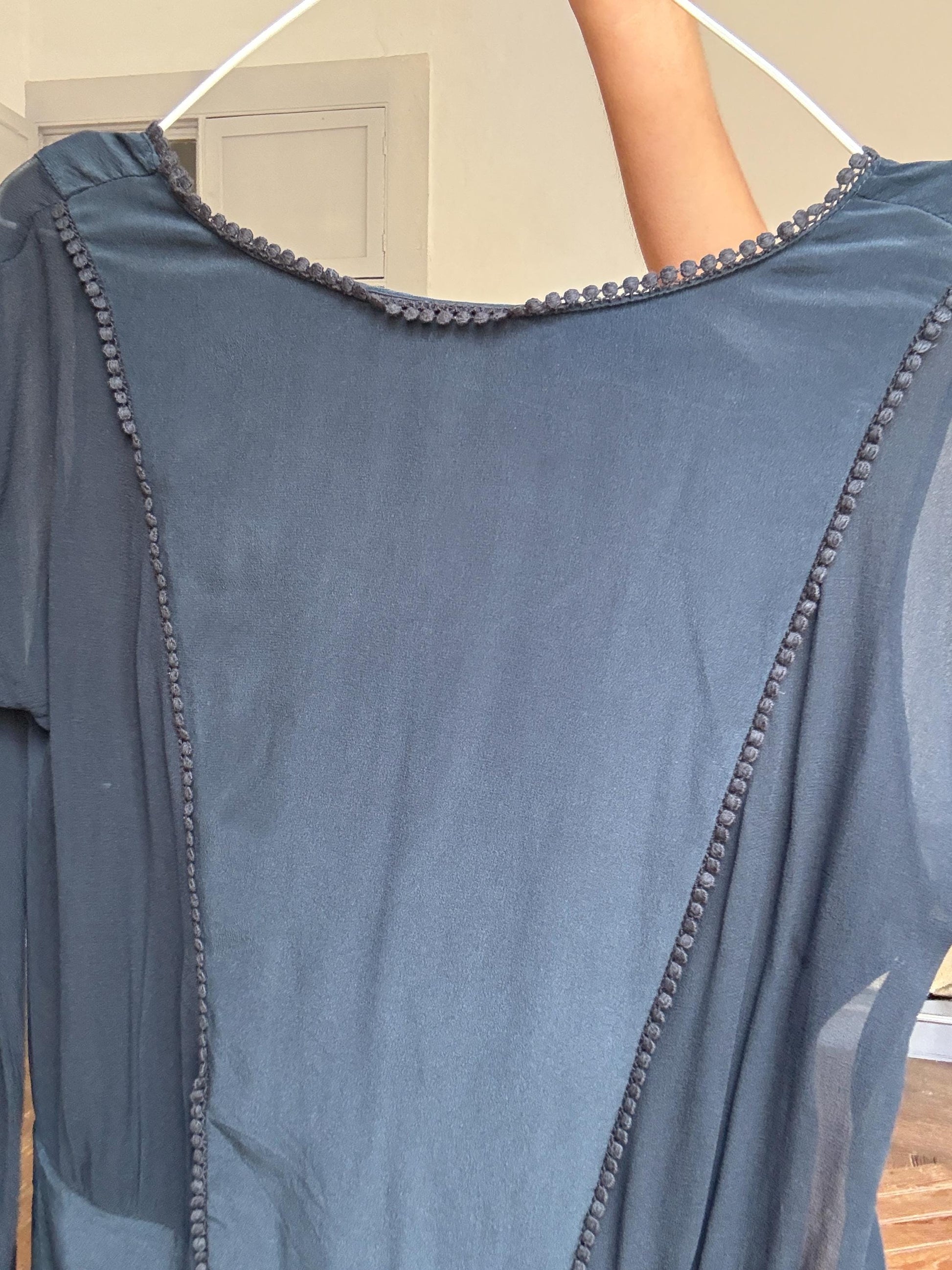 Vintage Hoss Intropia navy silk mini dress – sheer sleeve open back cocktail dress, pure silk, short elegant fit, size 38,