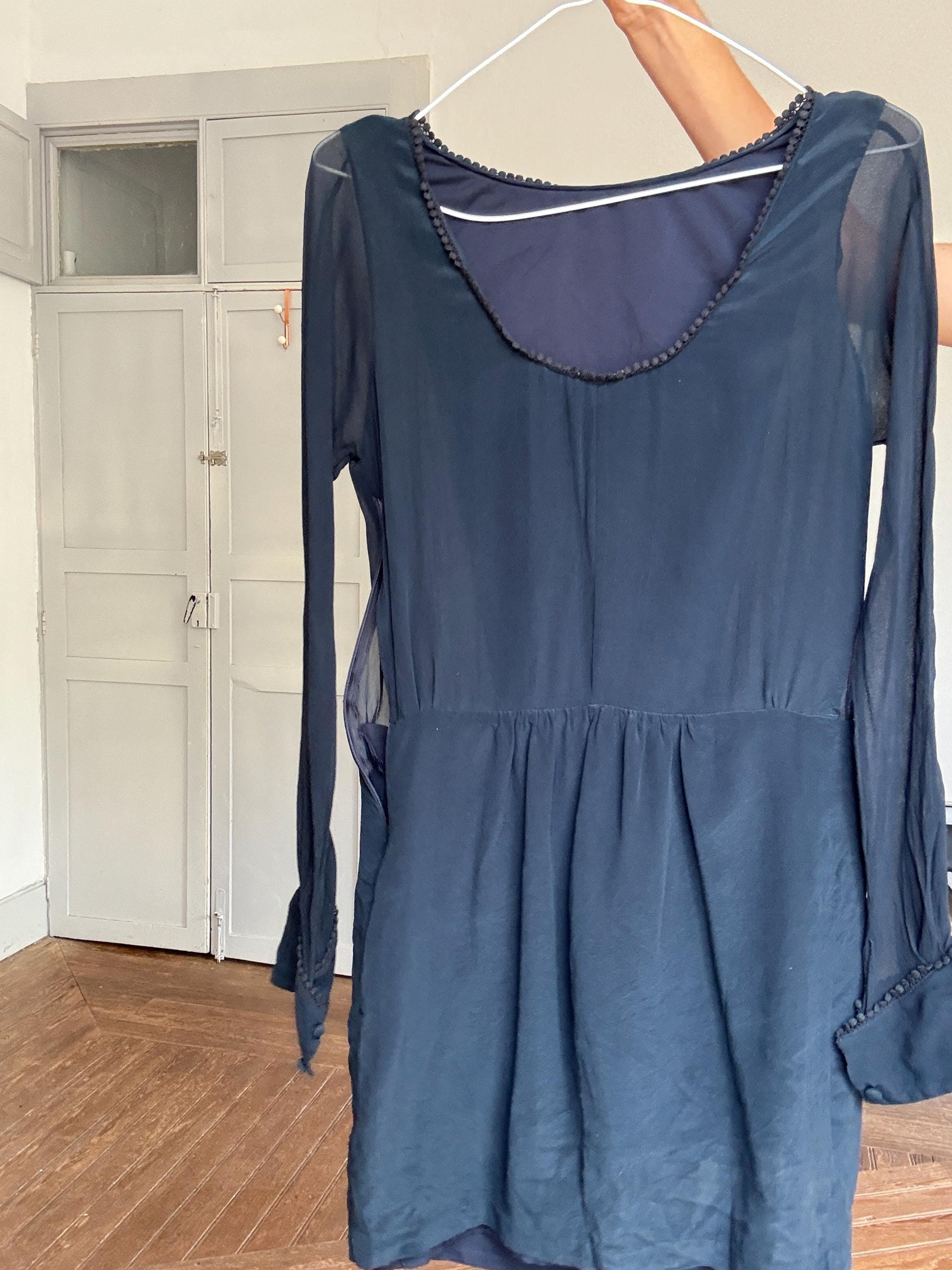 Vintage Hoss Intropia navy silk mini dress – sheer sleeve open back cocktail dress, pure silk, short elegant fit, size 38,