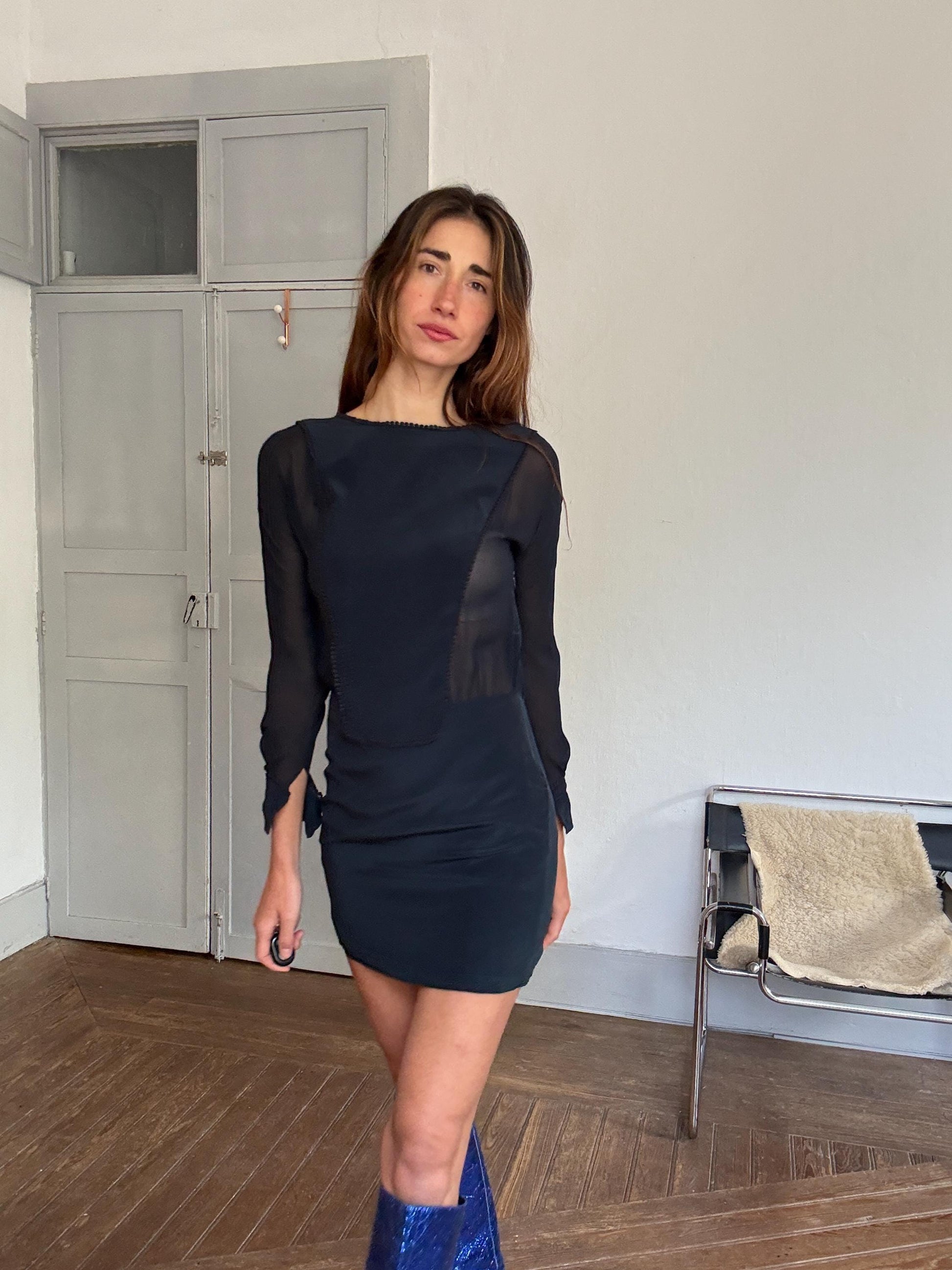 Vintage Hoss Intropia navy silk mini dress – sheer sleeve open back cocktail dress, pure silk, short elegant fit, size 38,