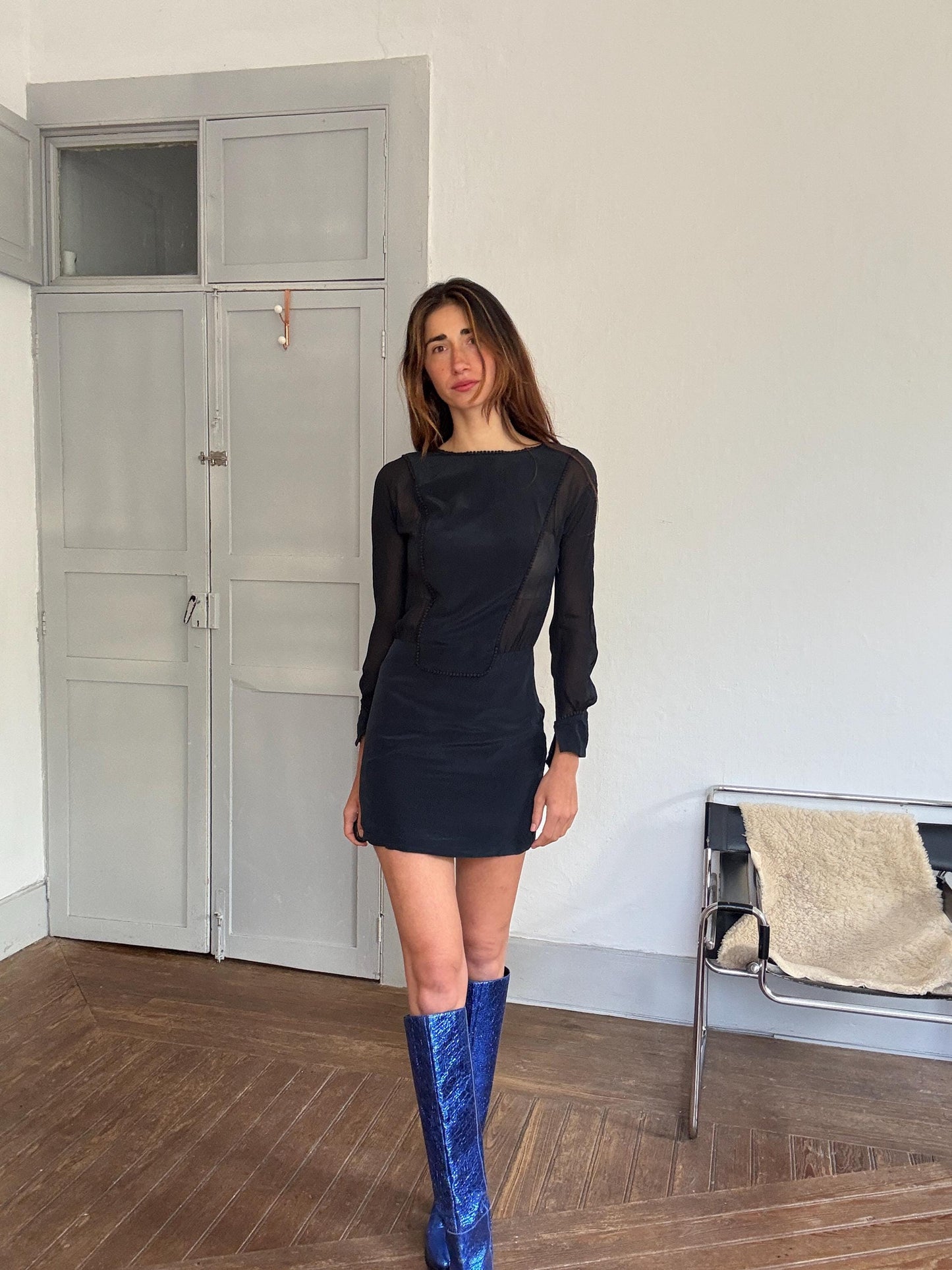 Vintage Hoss Intropia navy silk mini dress – sheer sleeve open back cocktail dress, pure silk, short elegant fit, size 38,