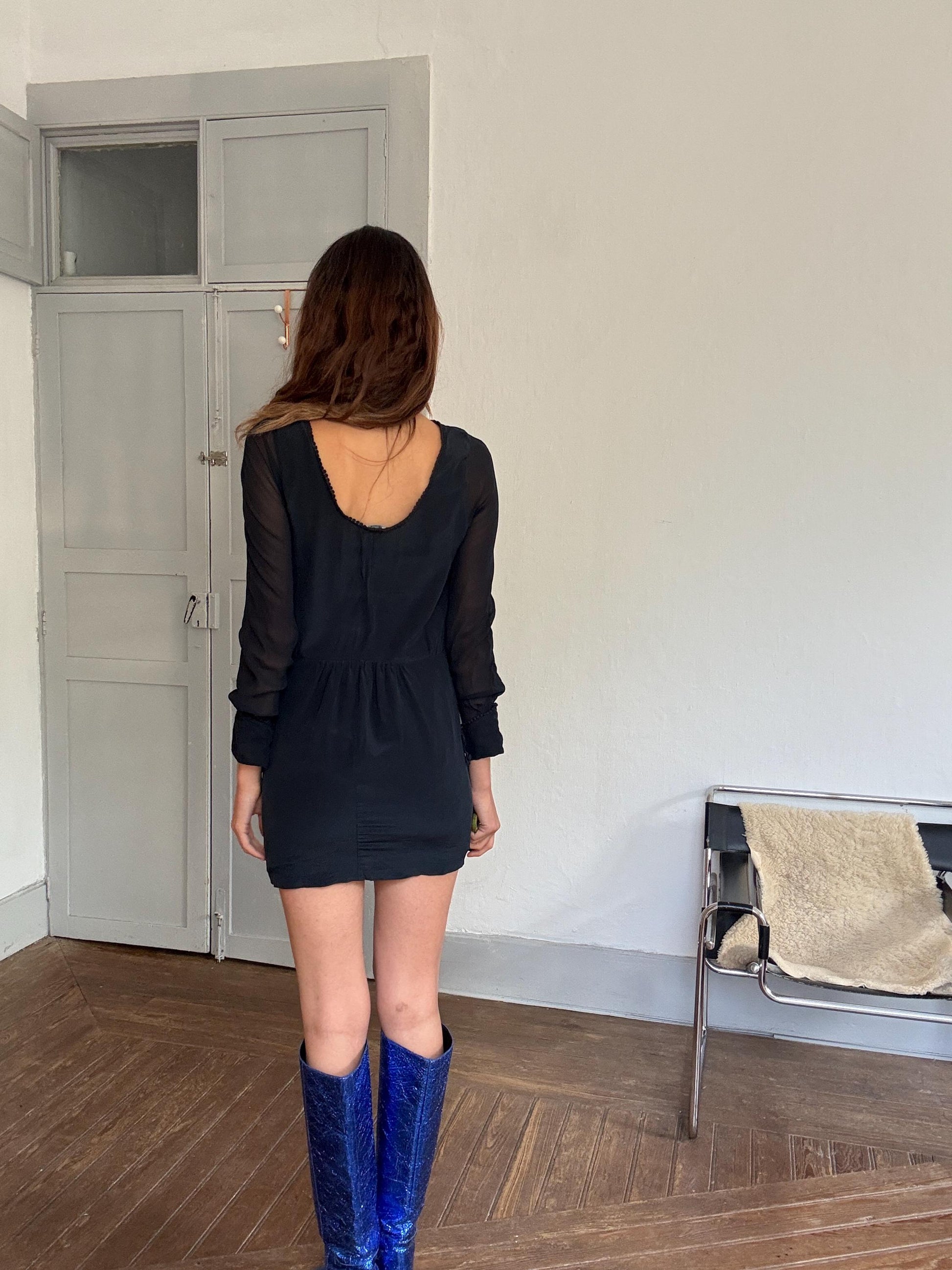 Vintage Hoss Intropia navy silk mini dress – sheer sleeve open back cocktail dress, pure silk, short elegant fit, size 38,