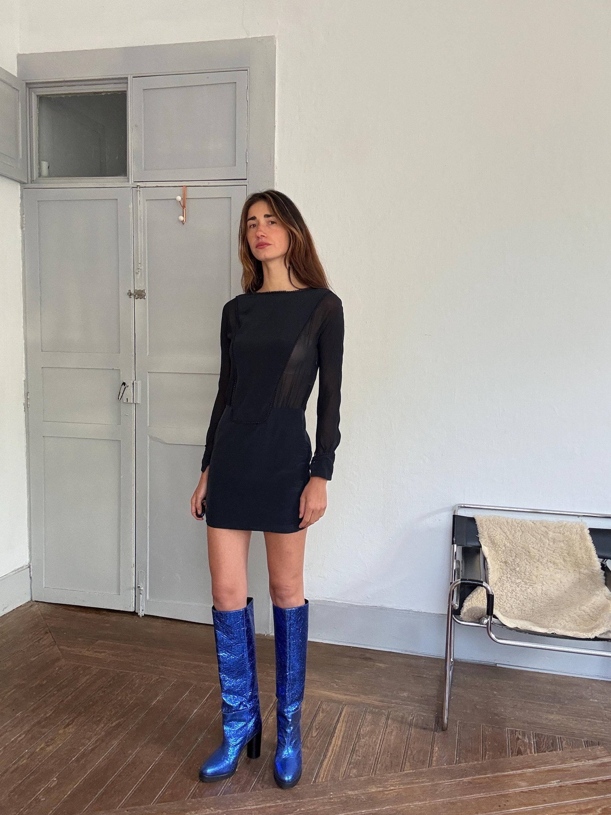 Vintage Hoss Intropia navy silk mini dress – sheer sleeve open back cocktail dress, pure silk, short elegant fit, size 38,