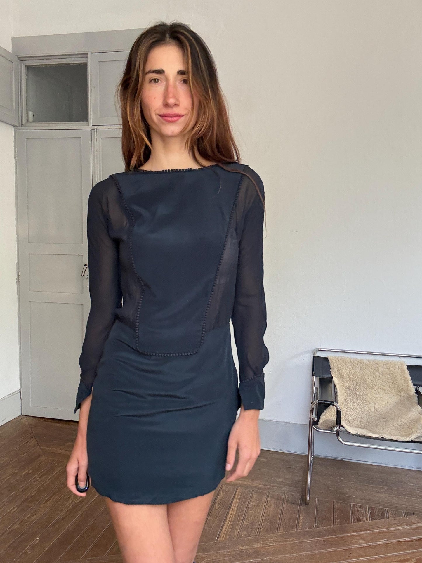 Vintage Hoss Intropia navy silk mini dress – sheer sleeve open back cocktail dress, pure silk, short elegant fit, size 38,