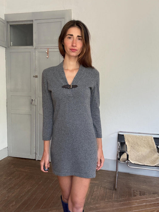 Vintage Massimo Dutti grey wool sweater dress – Italian yarn, minimalist fall/winter look, buckle detail, size M, soft & warm