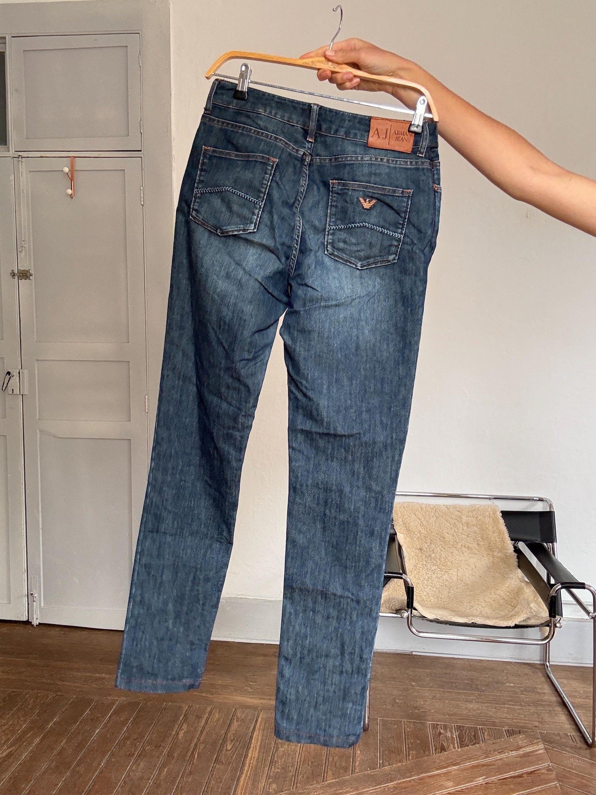 Vintage MEN'S Armani Jeans denim trousers – Size S classic straight leg, size EU 32 / US 32, unisex style, dark wash, Y2K designer jeans