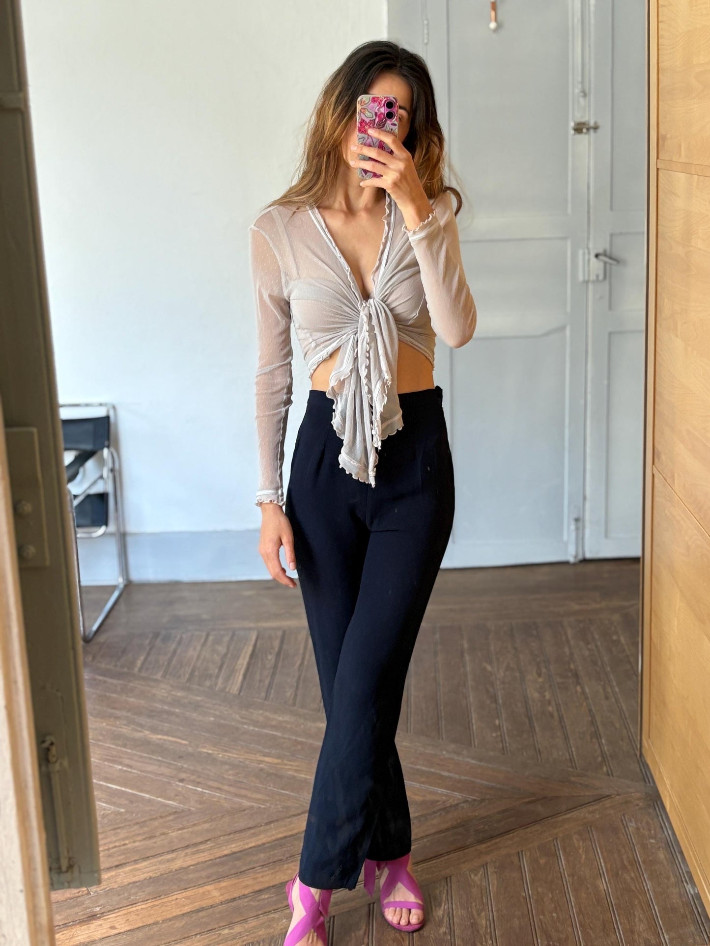 Sheer wrap knot tie top - Mesh blouse - Sexy beach cover up - Summer vibes - Romantic light grey Transparent Mesh Top, Size S - M