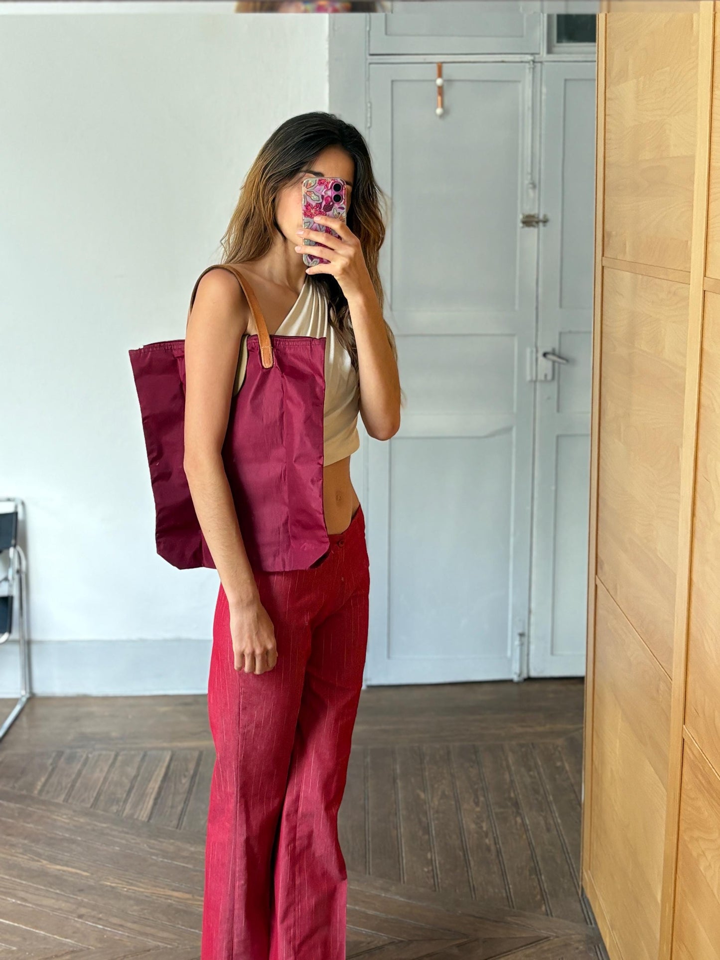 Vintage Rüdell foldable market tote, Y2K red shopper, Cute and cool school bag - Retro It - girl style baguette bag, Minimalist convertible