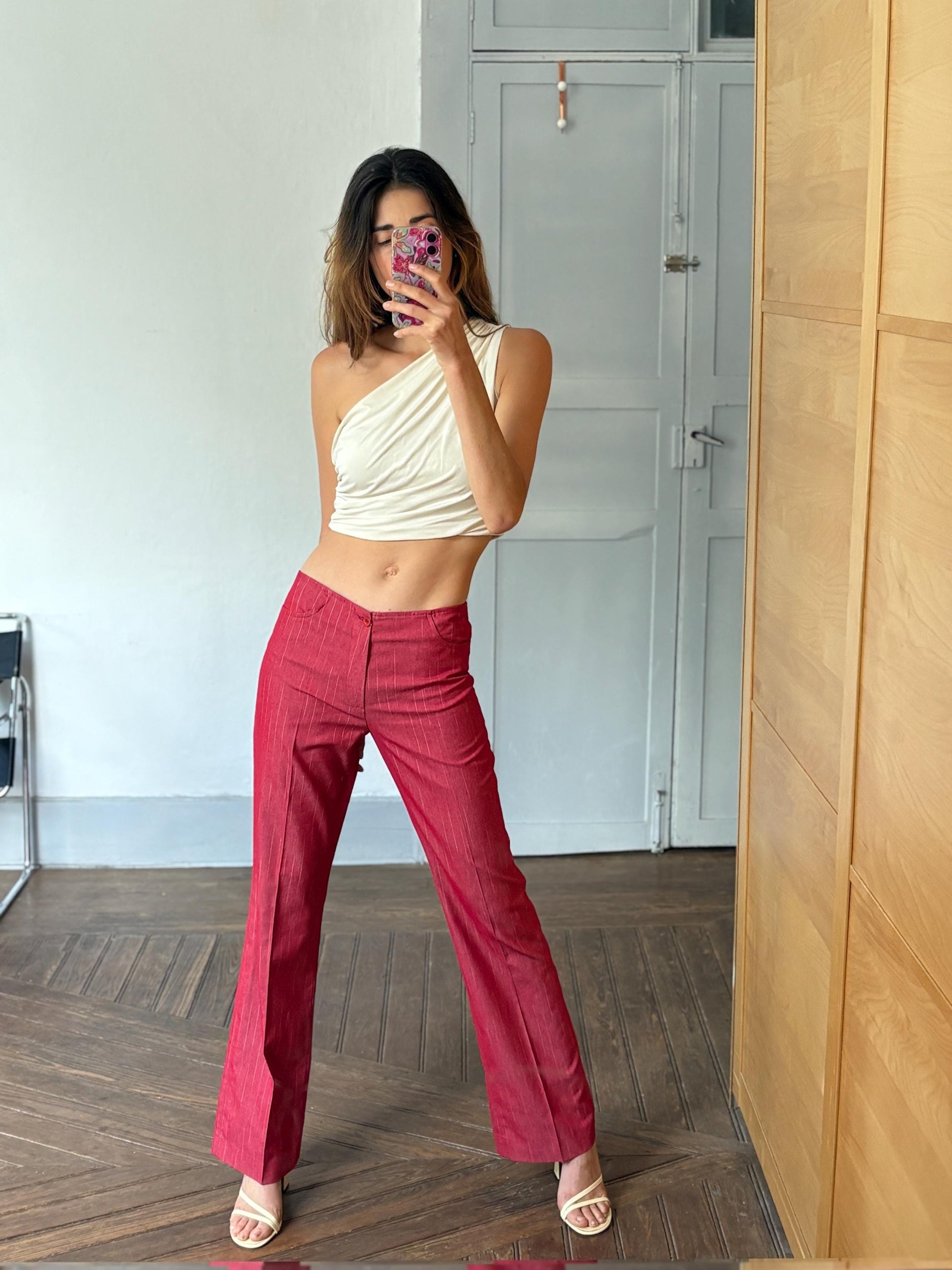 Vintage pinstripe pants, Unique statement clothing, Retro luxury red trousers, Elegant 2000s style high waist flared fit pants, Size M
