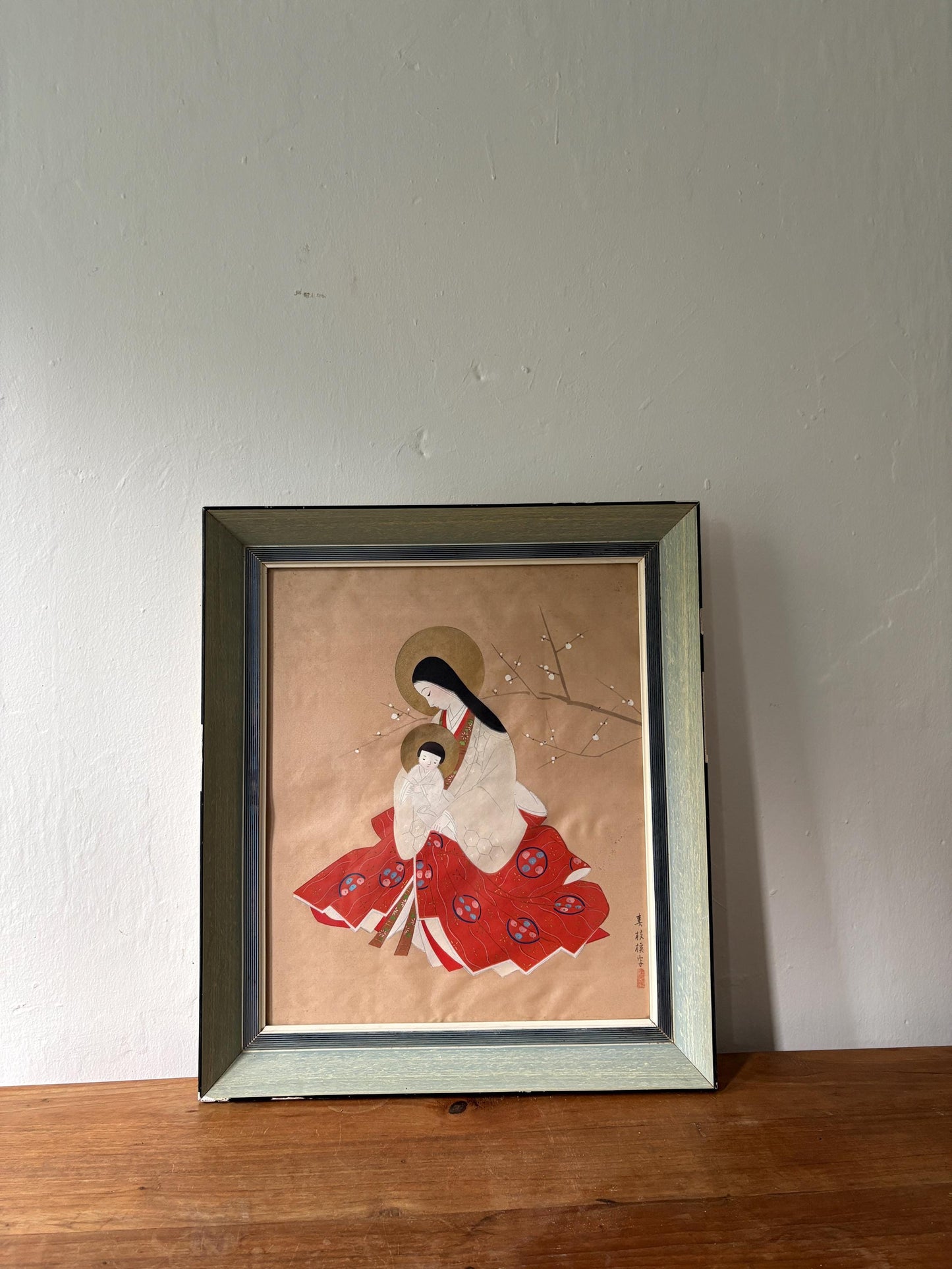 Vintage Japanese Madonna & Child art work with Plum Blossoms – Framed or Unframed Option