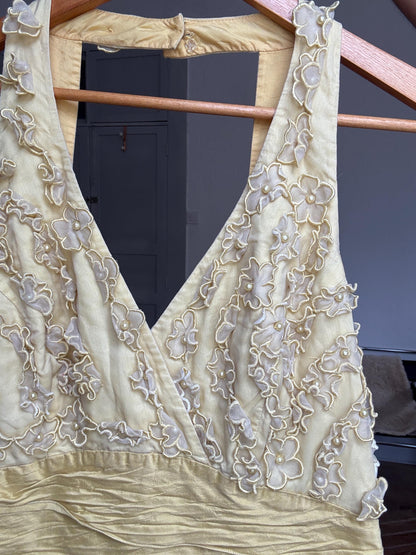 Vintage Luisa Spagnoli silk cocktail dress – lemon yellow embroidered floral bodice, EU 44