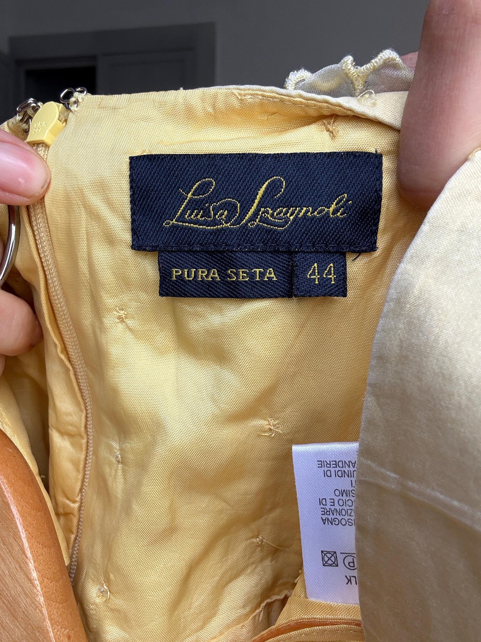 Vintage Luisa Spagnoli silk cocktail dress – lemon yellow embroidered floral bodice, EU 44, elegant party dress, Italian designer