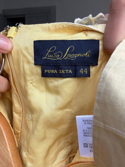 Vintage Luisa Spagnoli silk cocktail dress – lemon yellow embroidered floral bodice, EU 44
