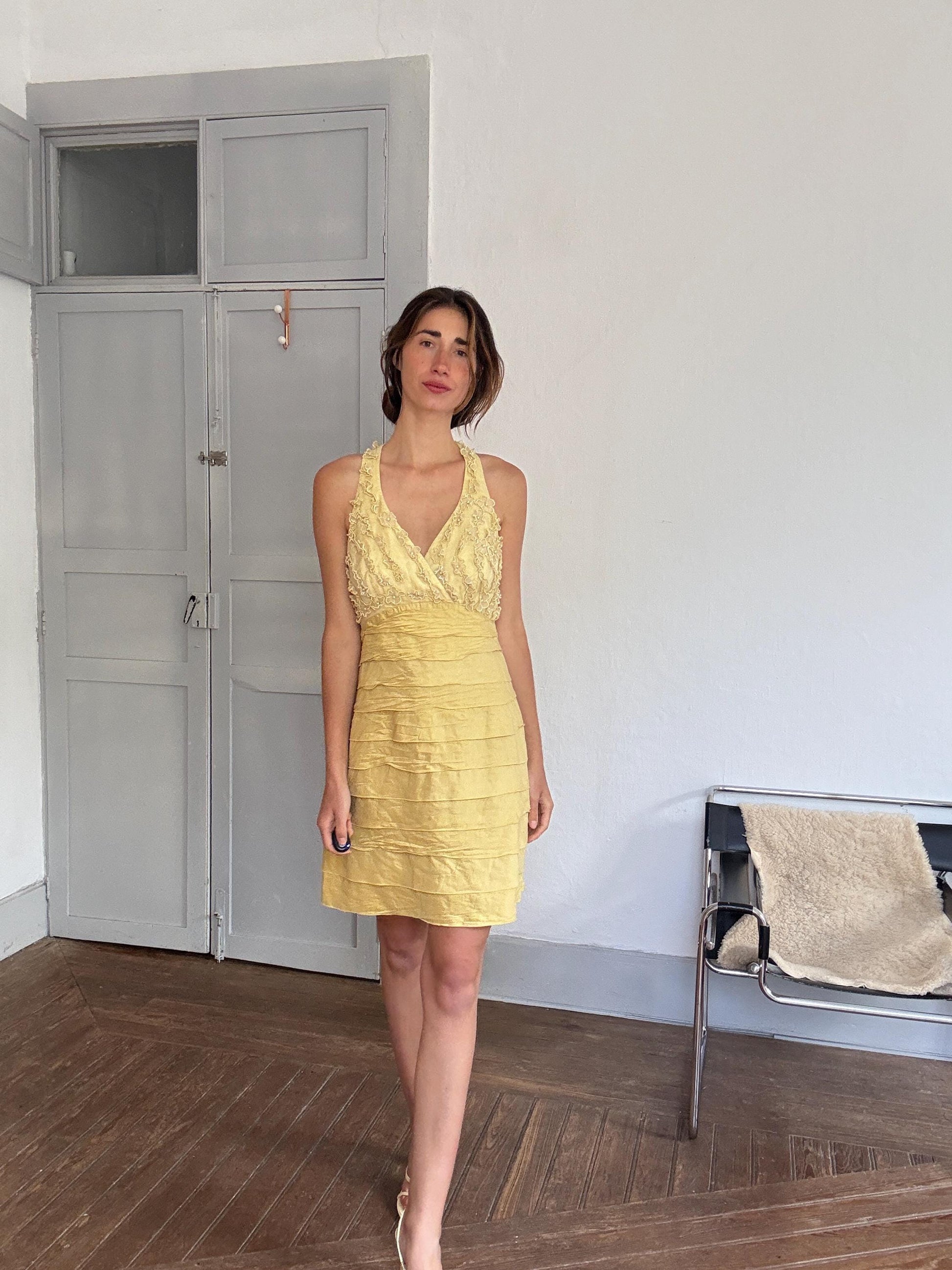 Vintage Luisa Spagnoli silk cocktail dress – lemon yellow embroidered floral bodice, EU 44, elegant party dress, Italian designer