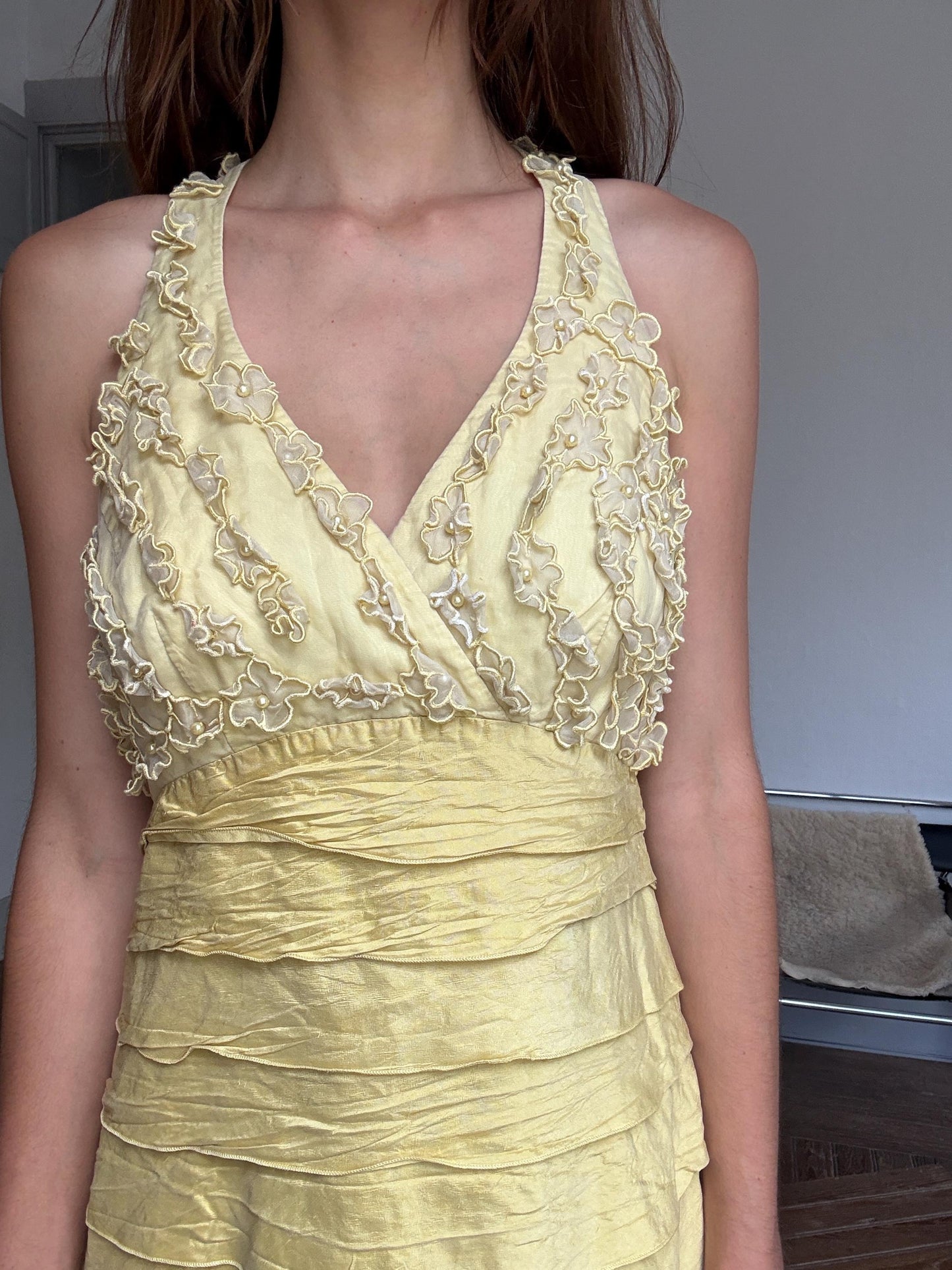 Vintage Luisa Spagnoli silk cocktail dress – lemon yellow embroidered floral bodice, EU 44, elegant party dress, Italian designer