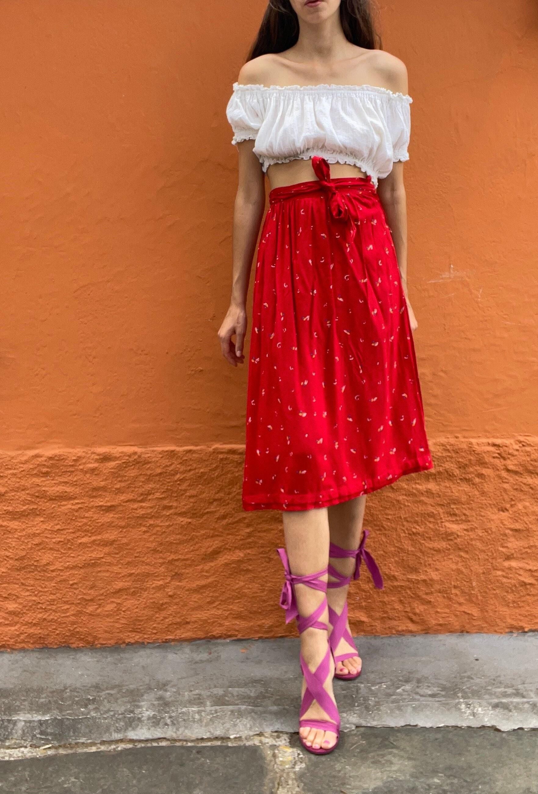 Vintage red lightweight summer skirt, farm core midi skirt, high waist cottage core spring skirt, cute unique retro feminine clothing