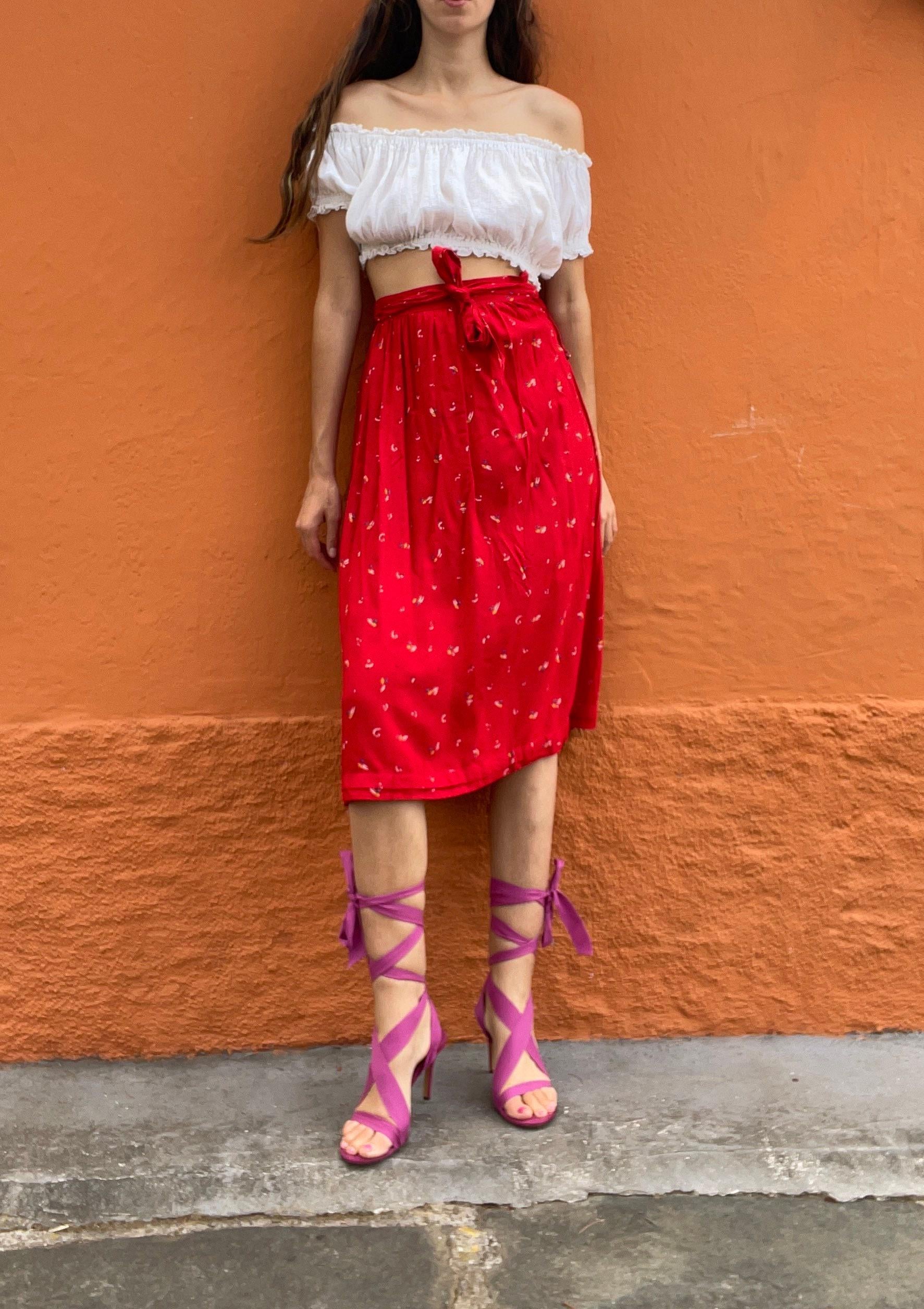 Vintage red lightweight summer skirt, farm core midi skirt, high waist cottage core spring skirt, cute unique retro feminine clothing