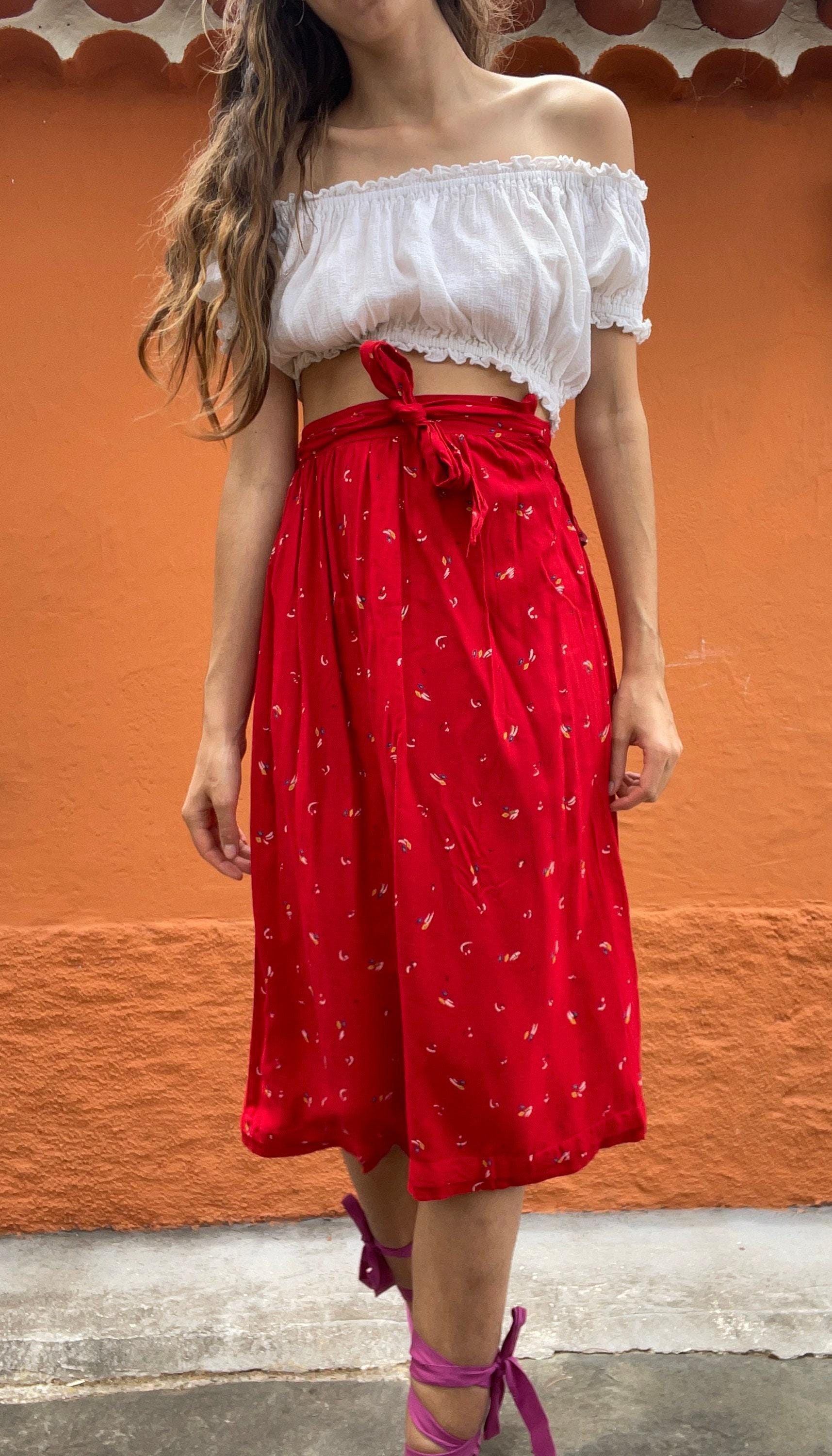 Vintage red lightweight summer skirt, farm core midi skirt, high waist cottage core spring skirt, cute unique retro feminine clothing
