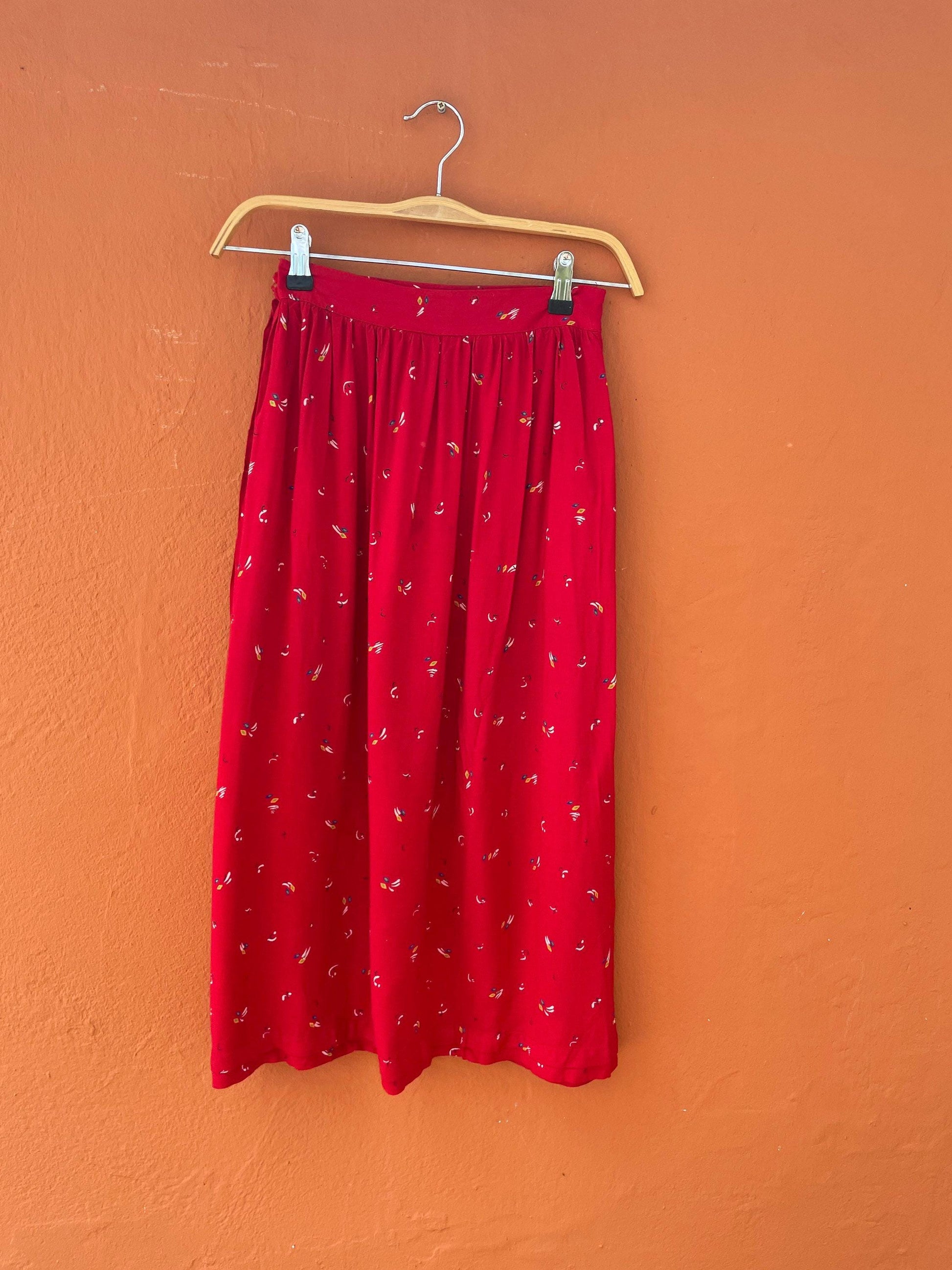 Vintage red lightweight summer skirt, farm core midi skirt, high waist cottage core spring skirt, cute unique retro feminine clothing