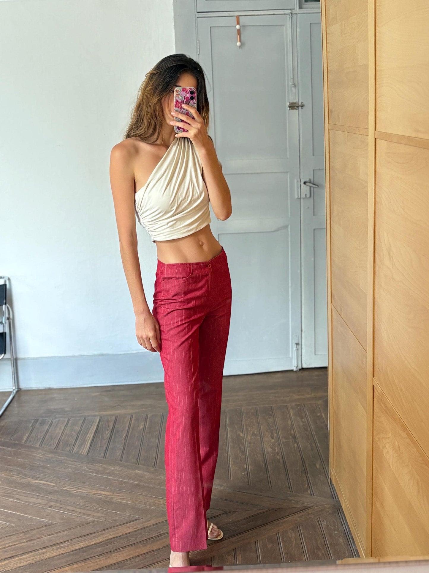 Vintage pinstripe pants, unique statement clothing, retro luxury red trousers, elegant 2000s style high waist flared fit pants, size l