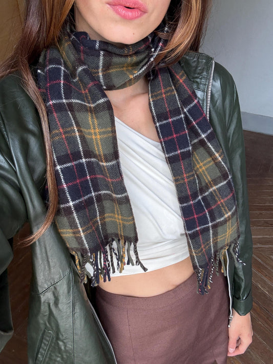 Vintage barbour wool scarf made in scotland – green plaid tartan, soft fringe, classic heritage style