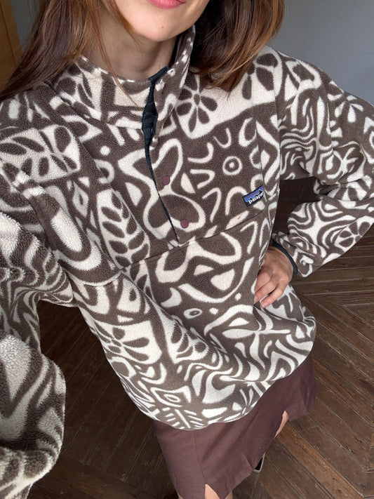 Vintage patagonia synchilla fleece pullover – rare tribal print, brown/cream snap-t, made in usa, cozy retro unisex outerwear
