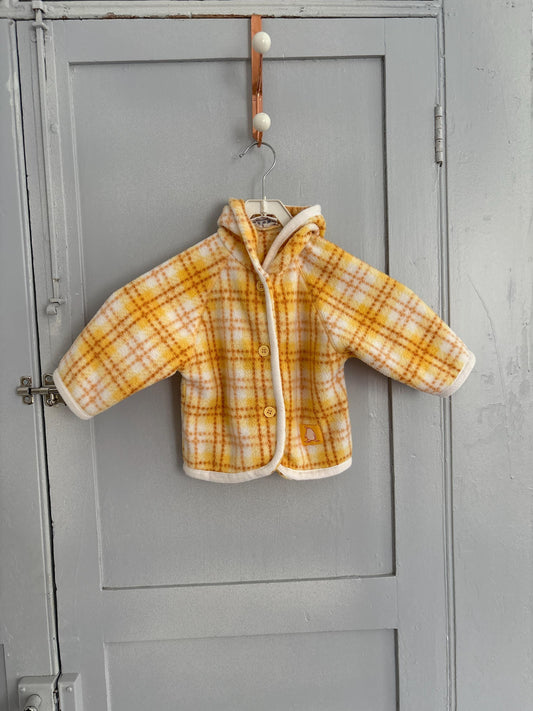 Vintage kids fleece jacket with yellow checkered pattern – retro toddler coat with buttons, cozy soft outerwear, size 56 cm (eu)