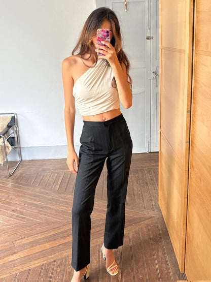 Vintage Italian Black Pinstripe Trousers — fabric close-up