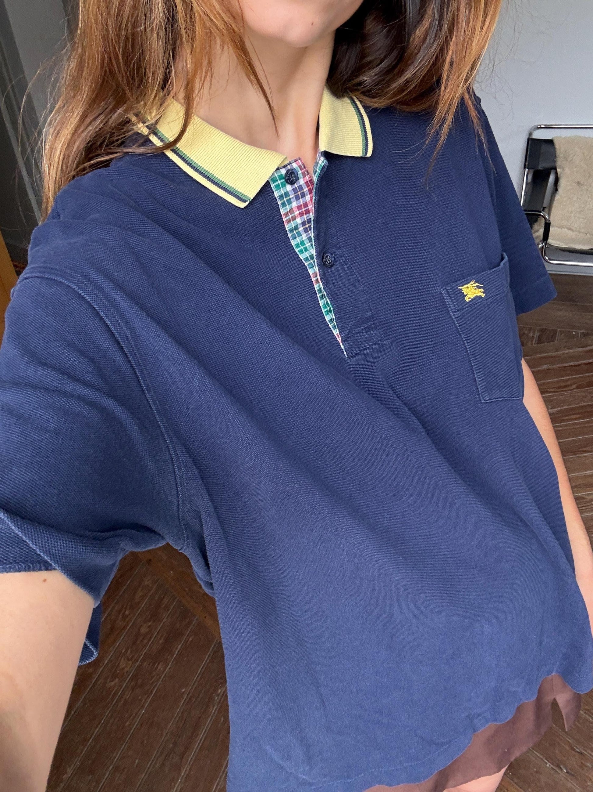 Vintage burberrys of london polo shirt | 90s cotton polo with yellow collar & crest | classic navy check trim | size l