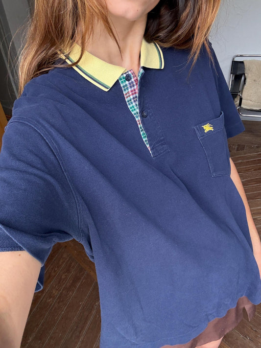 Vintage burberrys of london polo shirt | 90s cotton polo with yellow collar & crest | classic navy check trim | size l
